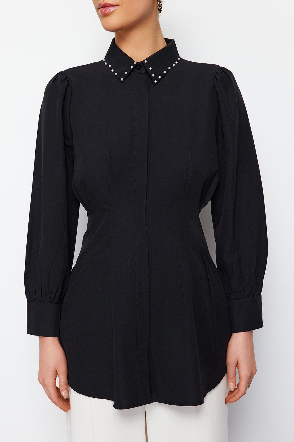 Pearl Detail Fitted Long Sleeve Shirt