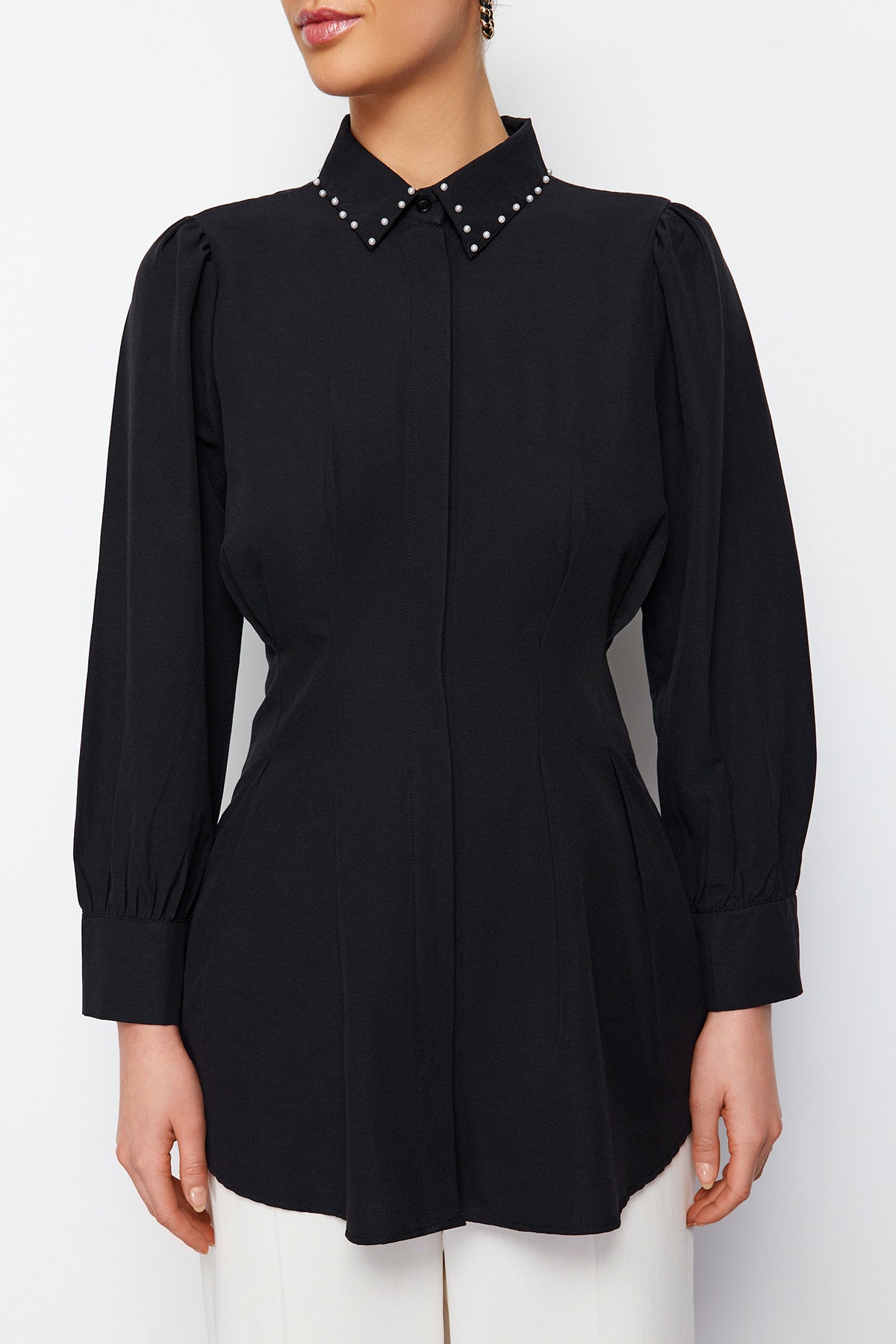 Pearl Detail Fitted Long Sleeve Shirt