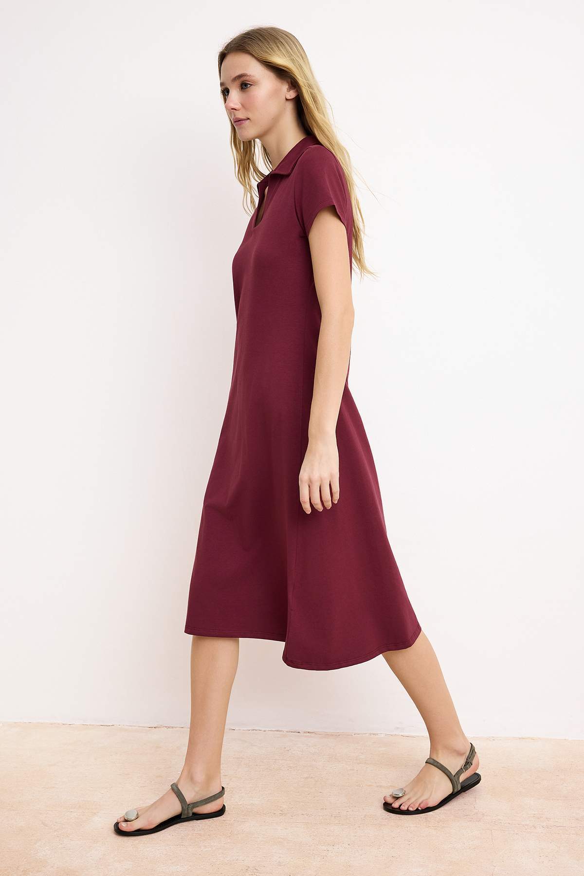 Polo Neck Short Sleeve Skater Midi Dress