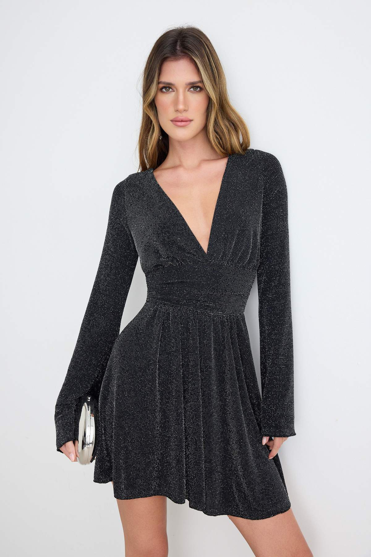 V Neck Long Sleeve Skater Mini Dress