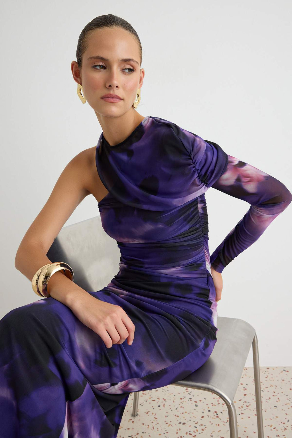 Asymmetric Neck One Sleeve Shift Maxi Dress