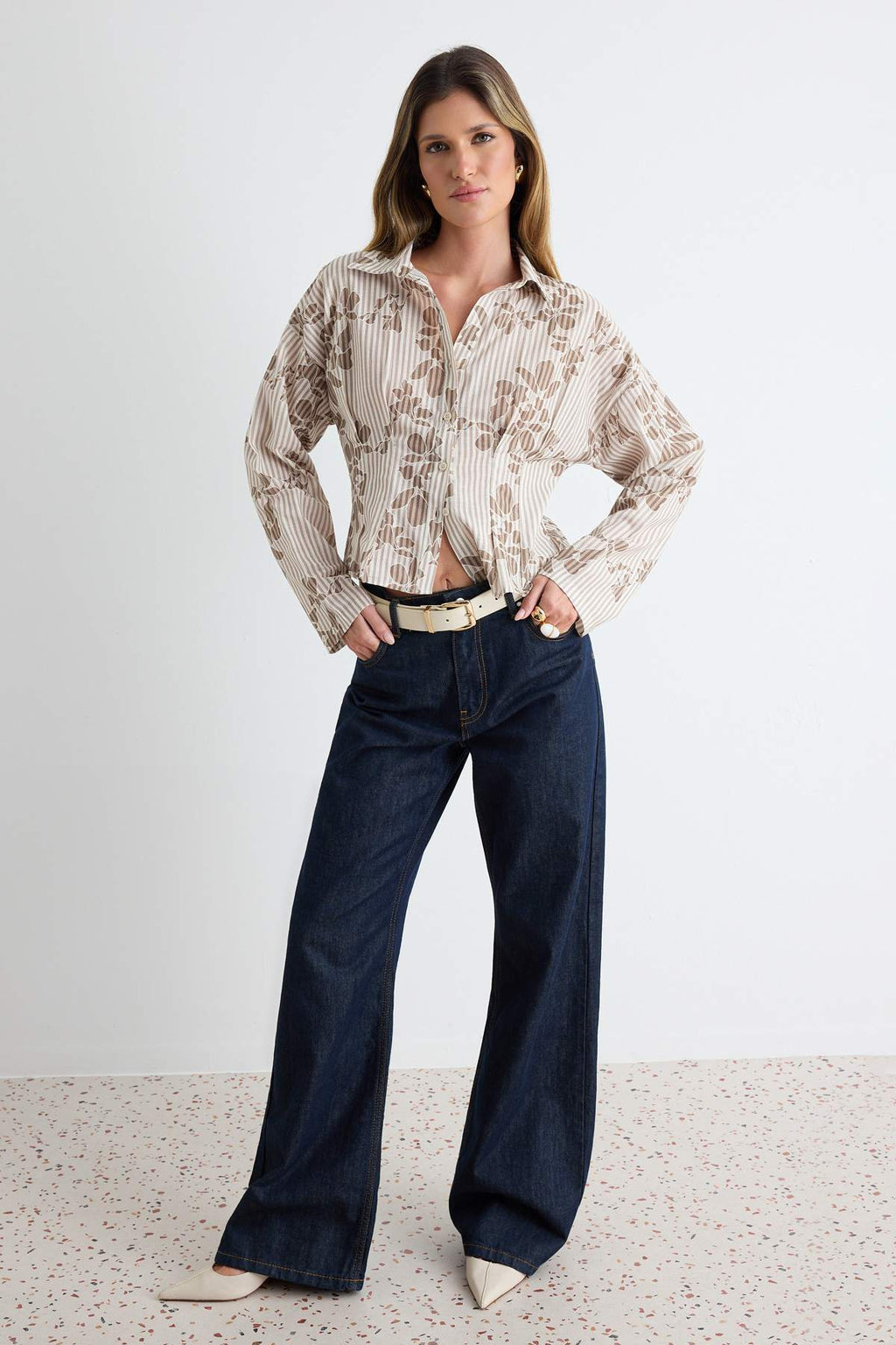 Pleated Flared Collar Long Sleeve Shirt