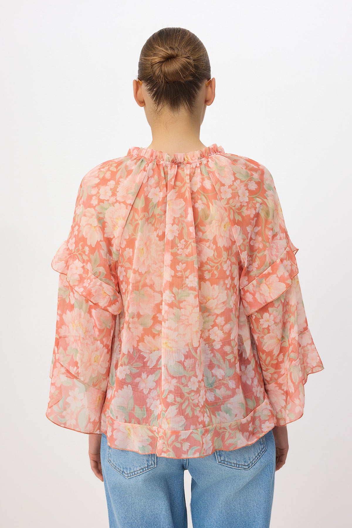 V Neck Raglan Sleeve Frill Detail Sheer Blouse