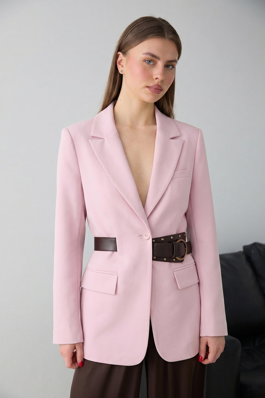 Belted Fitted Long Sleeve Blazer Jacket