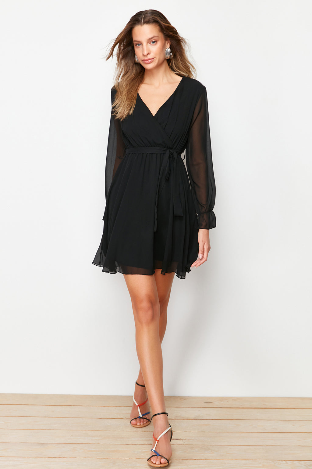Wrap Neck Balloon Sleeve Skater Mini Dress