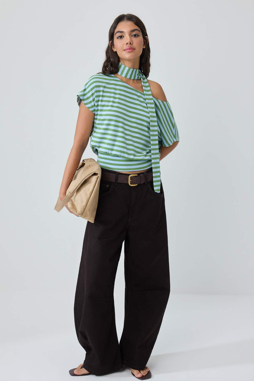 Batwing Sleeve Boat Neck Belted Knit Blouse