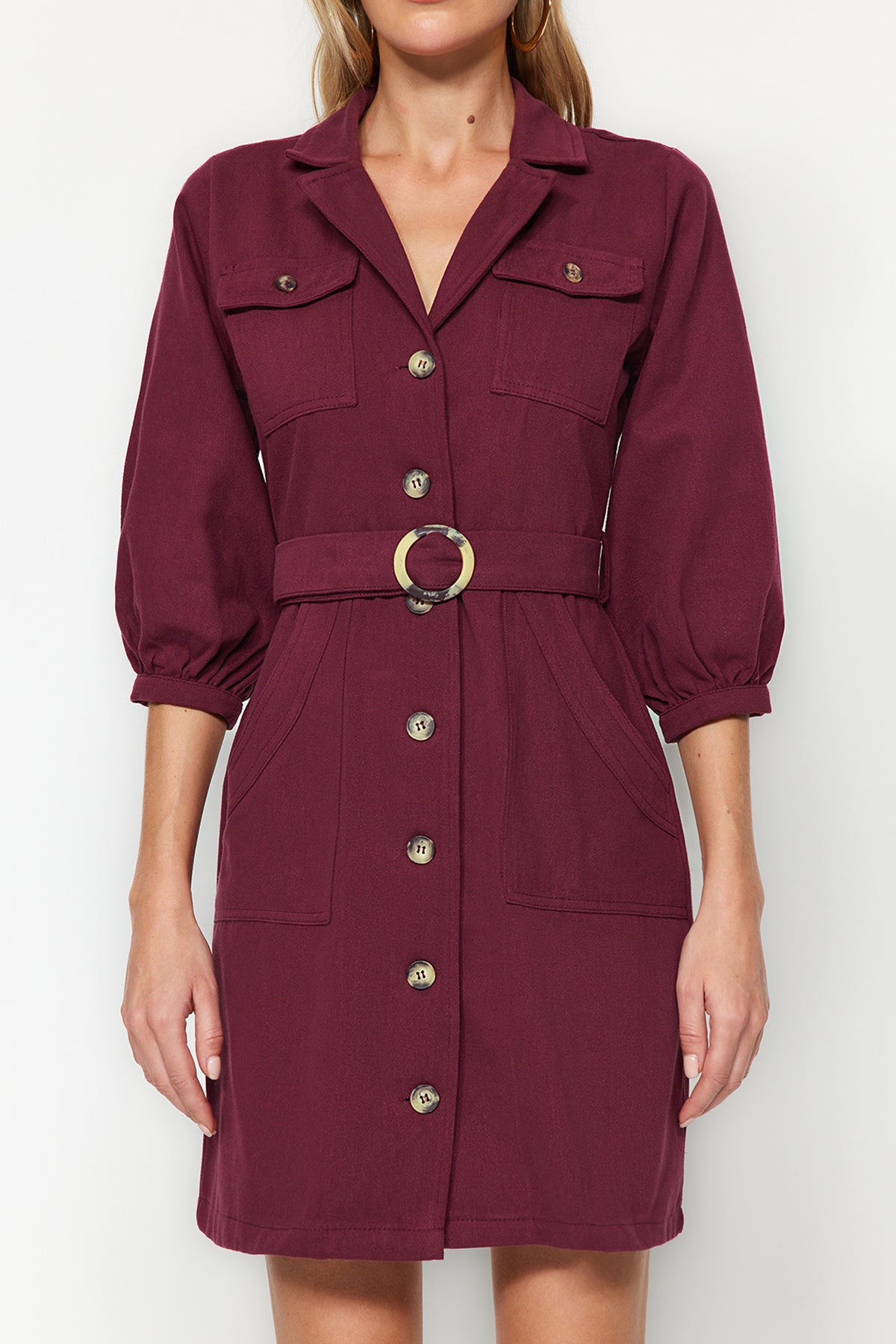 Belted Button Detail Long Sleeve Mini Shirt Dress