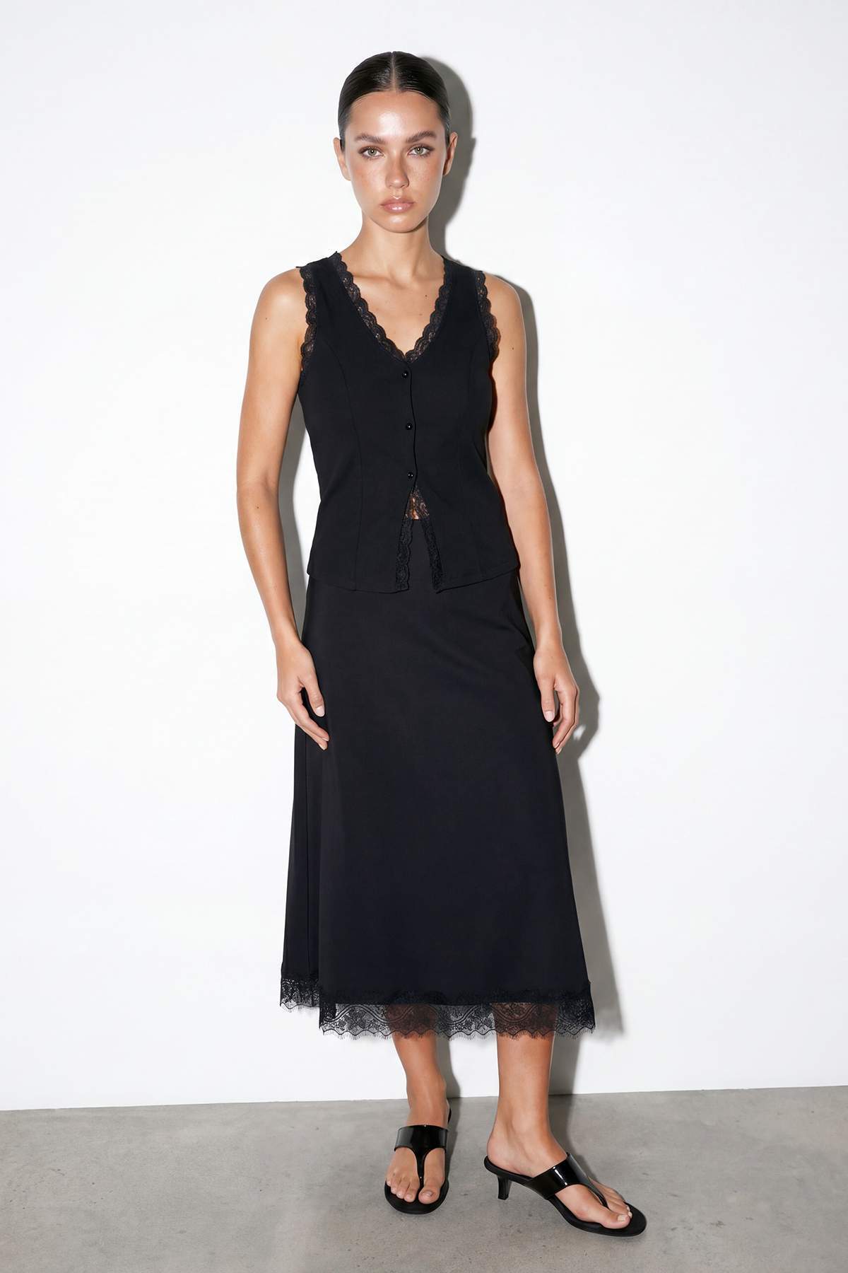 Lace Hem Elasticated Waist Maxi Satin Skirt