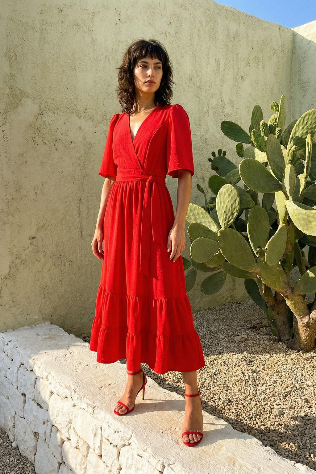 Belted Wrap Neck Back Detail Midi Dress