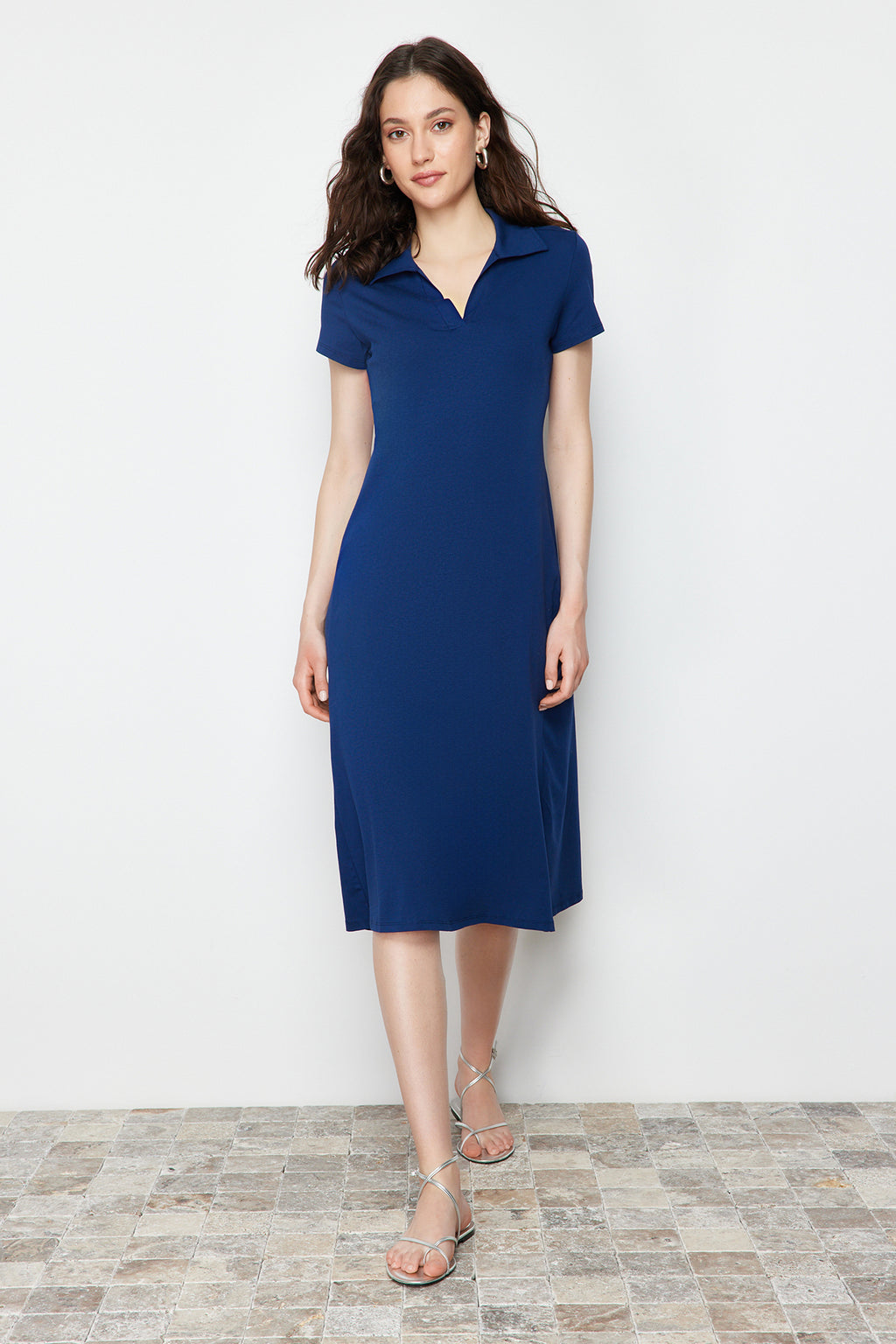 Polo Neck Short Sleeve Skater Midi Dress