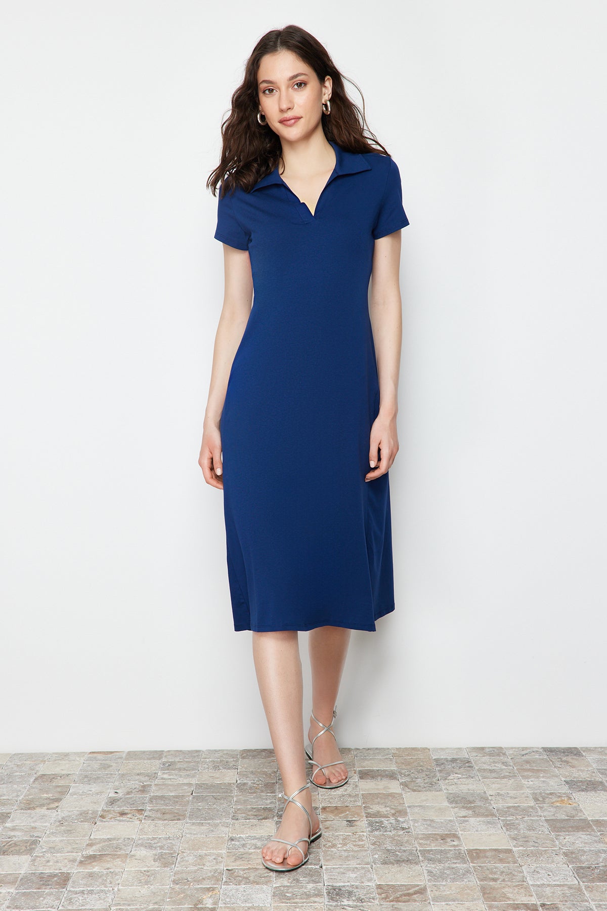 Polo Neck Short Sleeve Skater Midi Dress