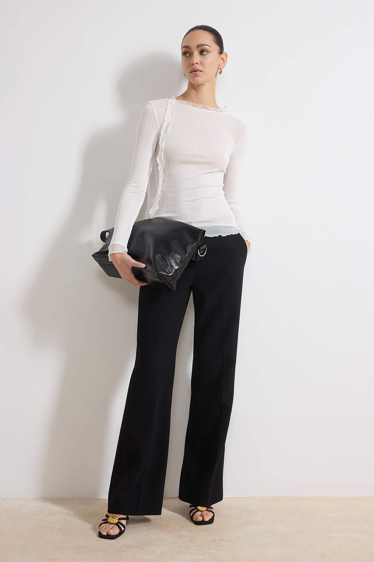 Transparent Fitted Long Sleeve Frill Detail Textured Knit Blouse