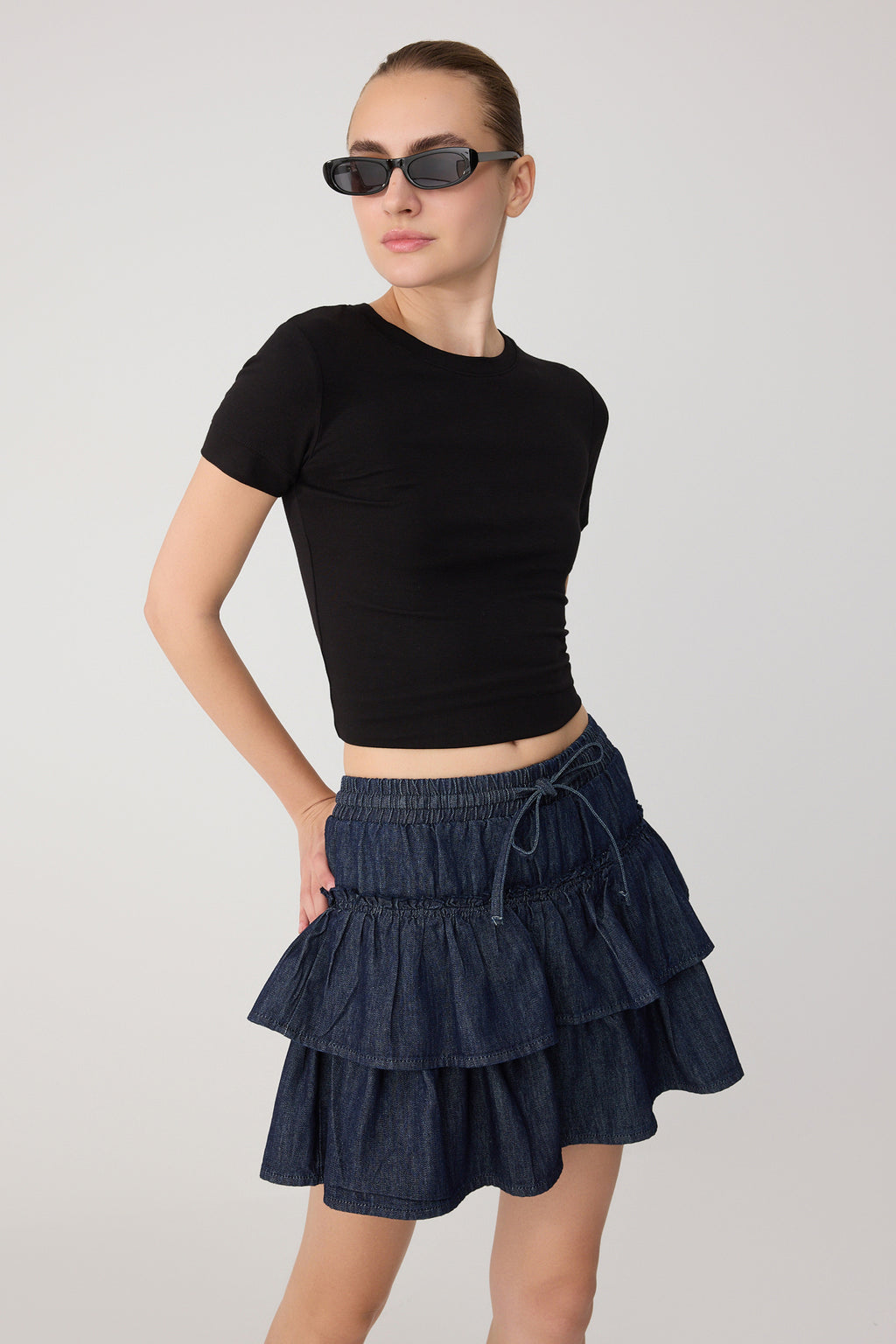 High Waist Elasticated Waist Denim Skort