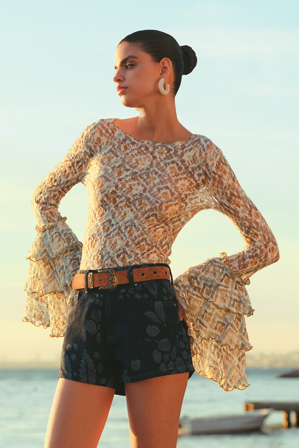 Fitted Crop Ruffle Sleeve Lace Blouse