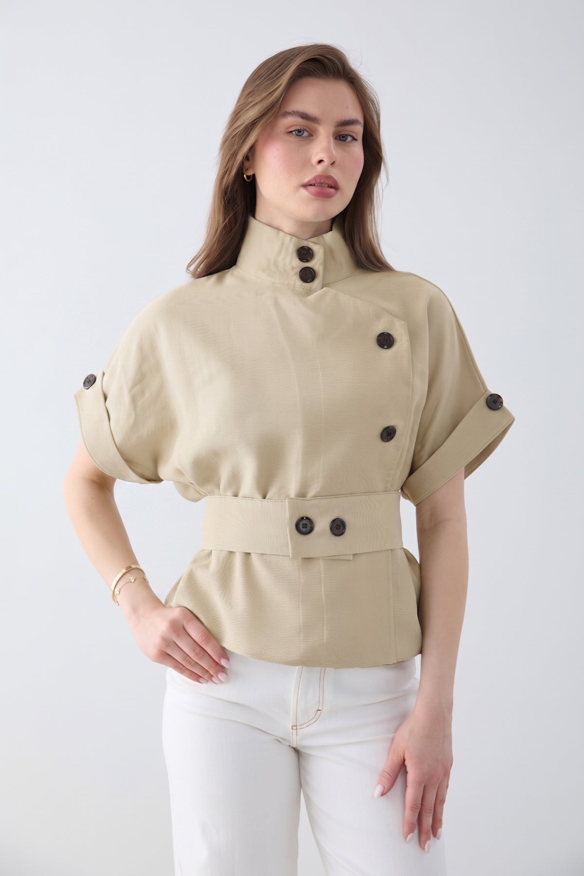 Lyocell Blend Short Sleeve Relaxed Fit Blouse Jacket