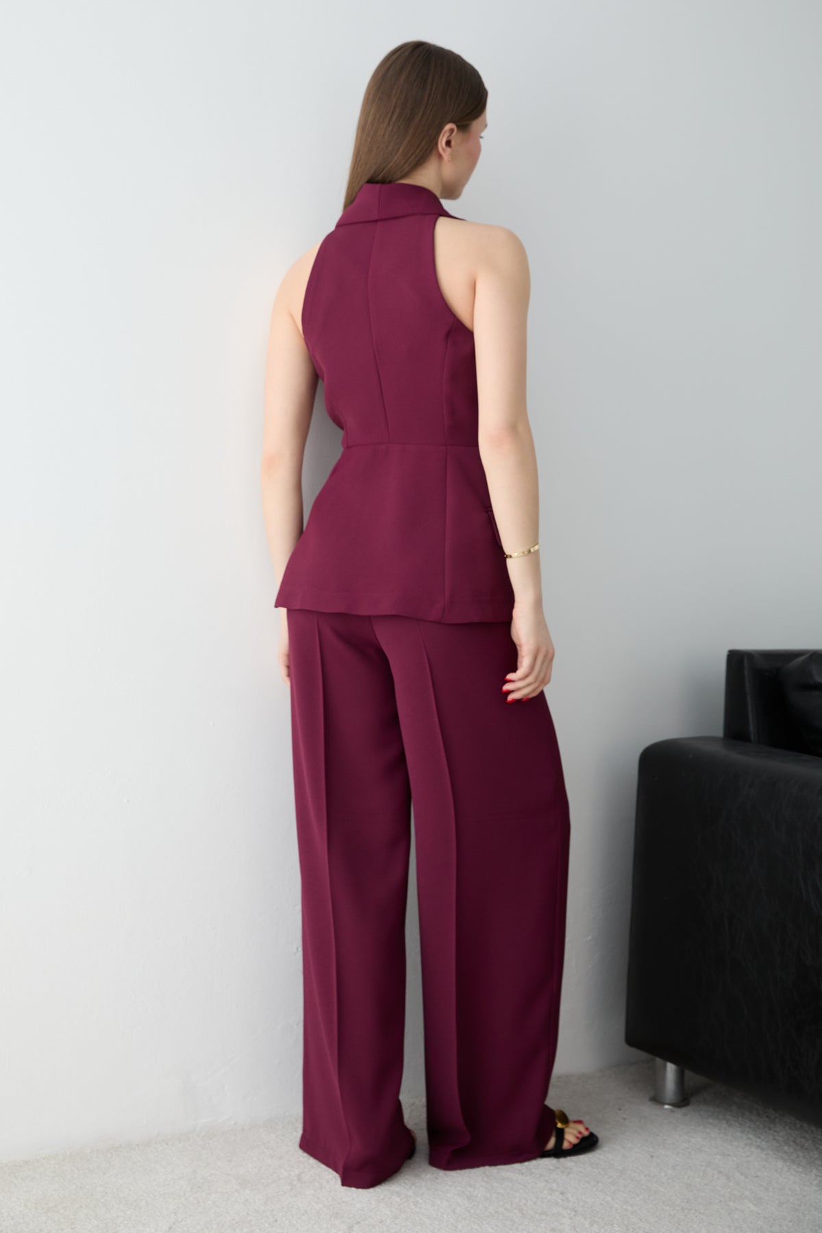 2-Piece Button Detail Sleeveless Waistcoat Wide Leg Trouser Co-ord