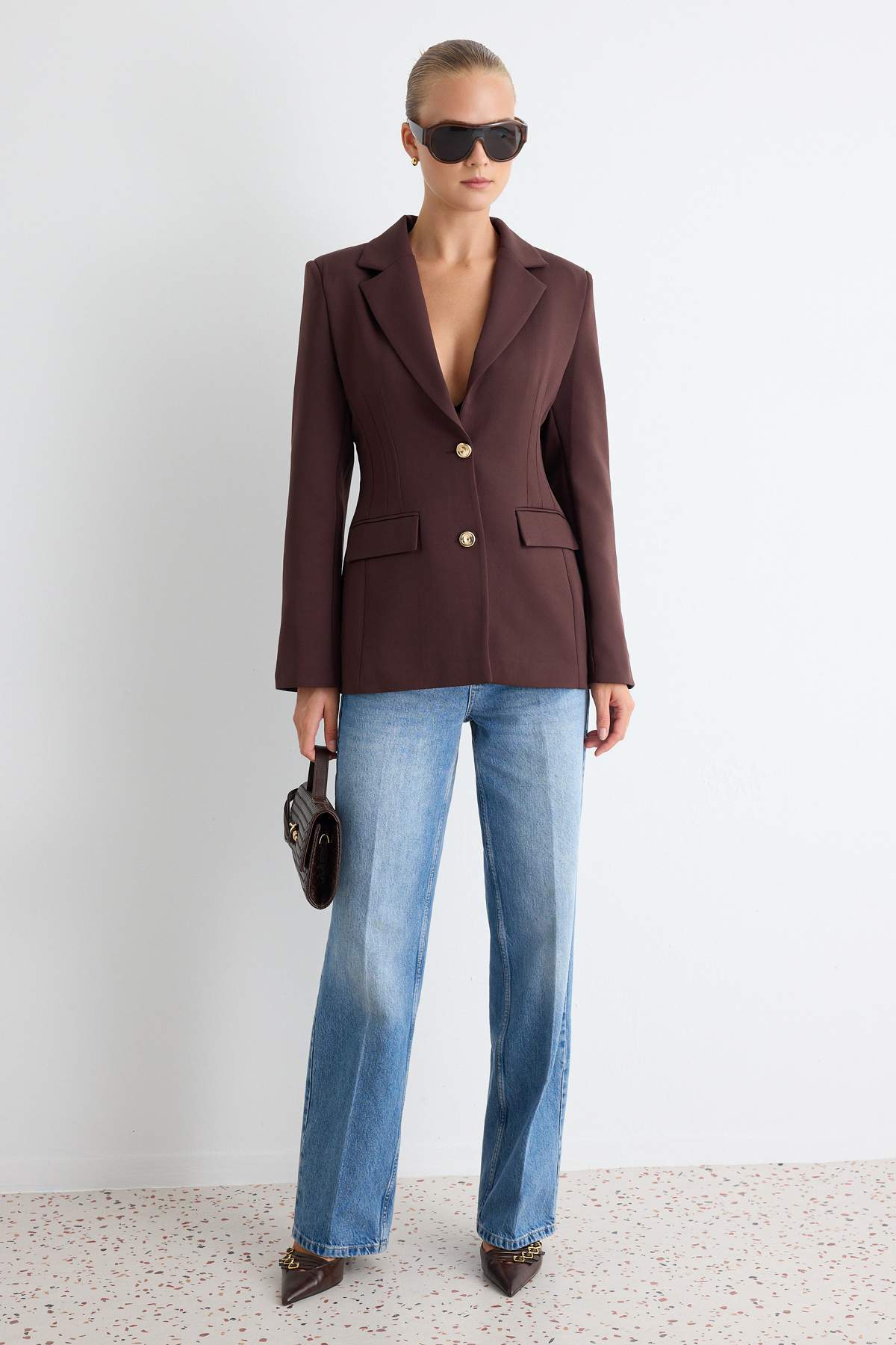 Gold Button Fitted Blazer Jacket