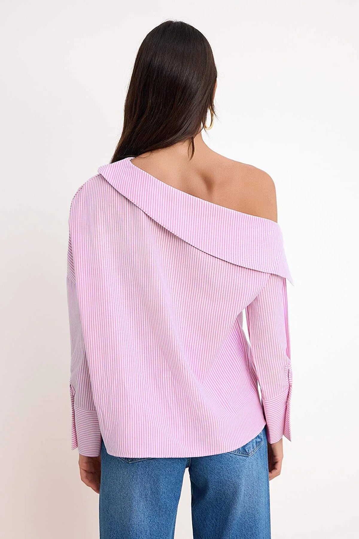 Asymmetric Neck Long Sleeve Woven Blouse