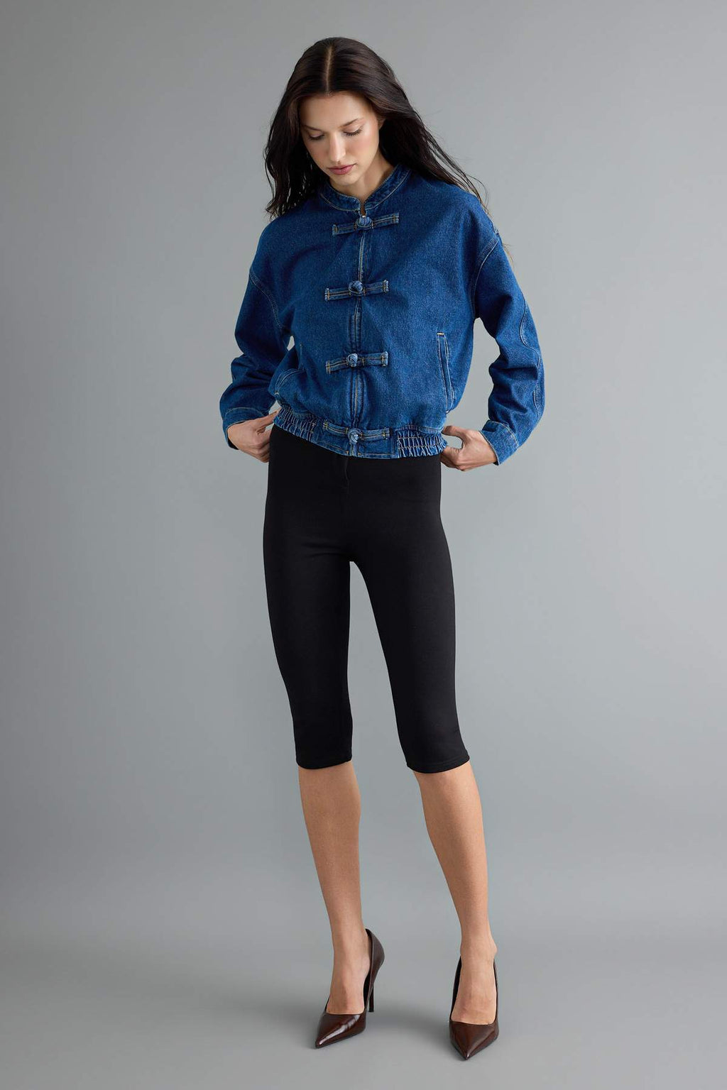 Button Detail Elasticated Waist Denim Jacket