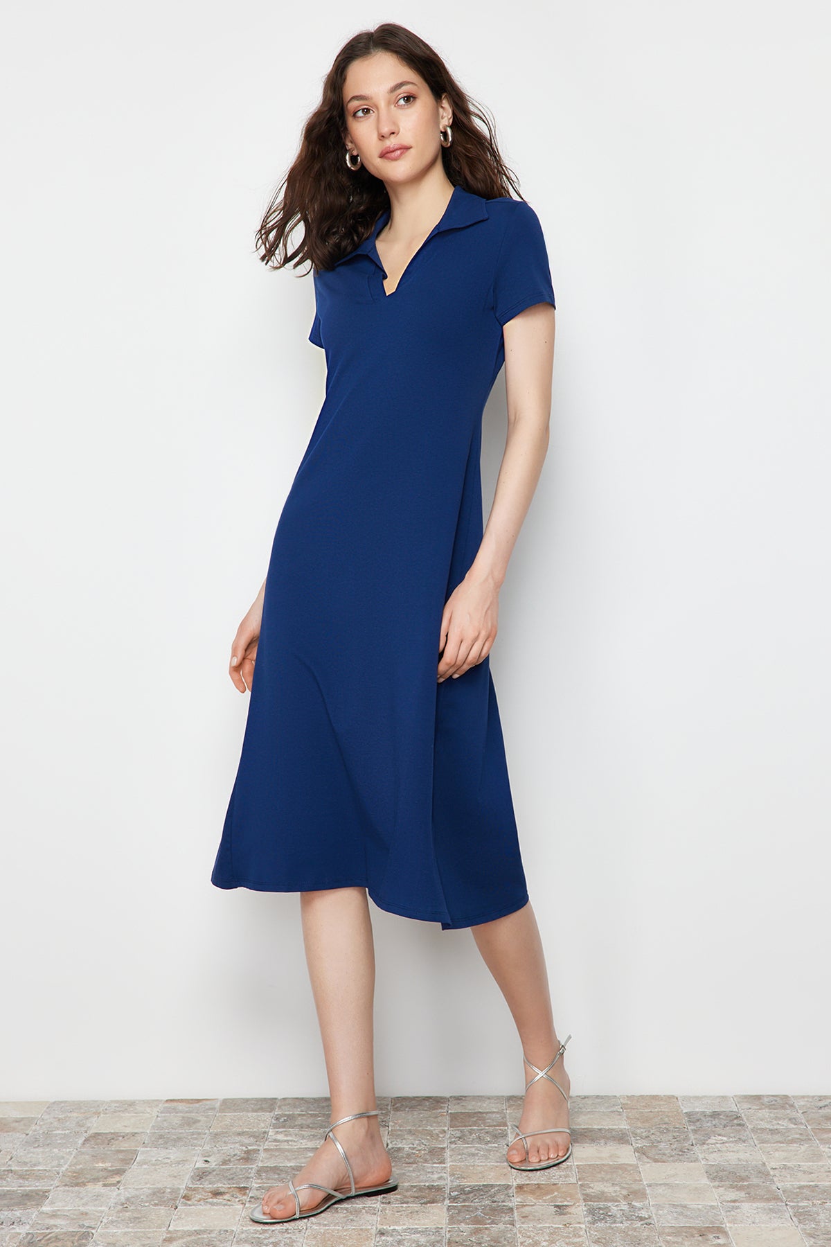 Polo Neck Short Sleeve Skater Midi Dress