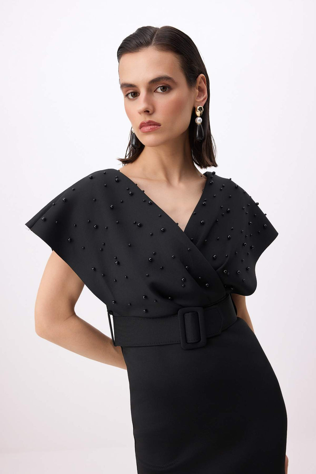 Pearl Accessory Detail V-Neck Angel Sleeve Bodycon Belted Midi Dress