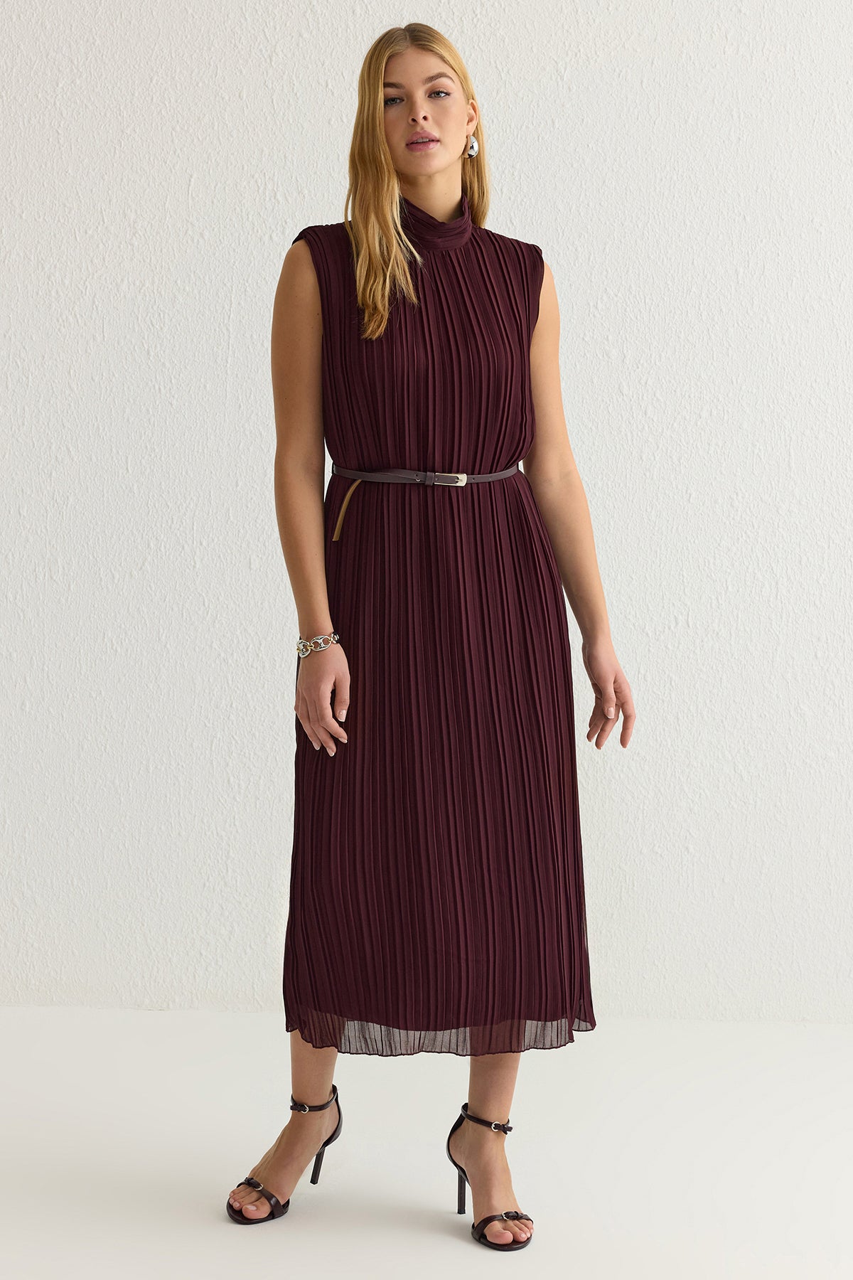 High Neck Sleeveless Belted Pleated Midi Dress