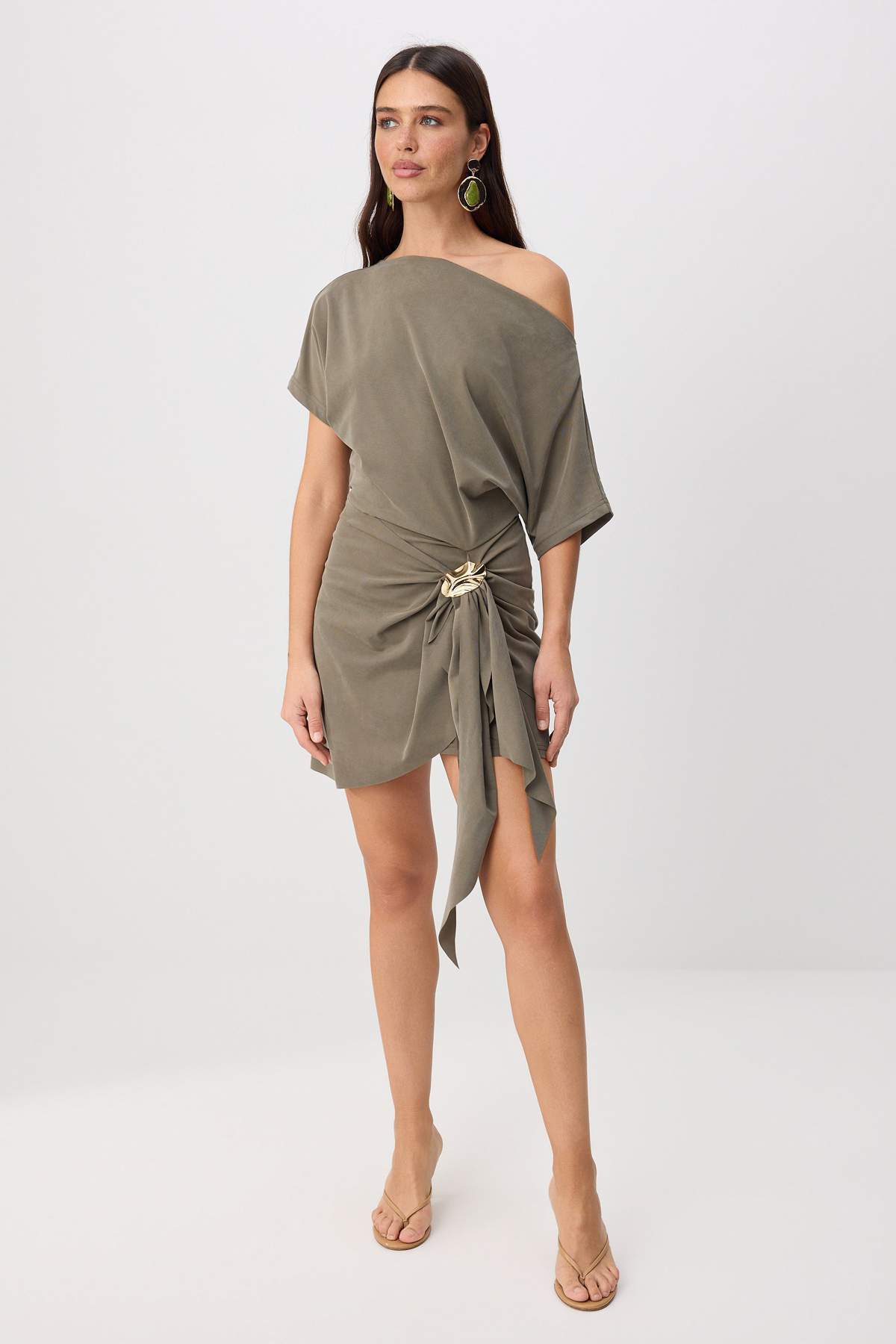 Premium Lyocell Boat Neck Drop Shoulder A-Line Mini Dress