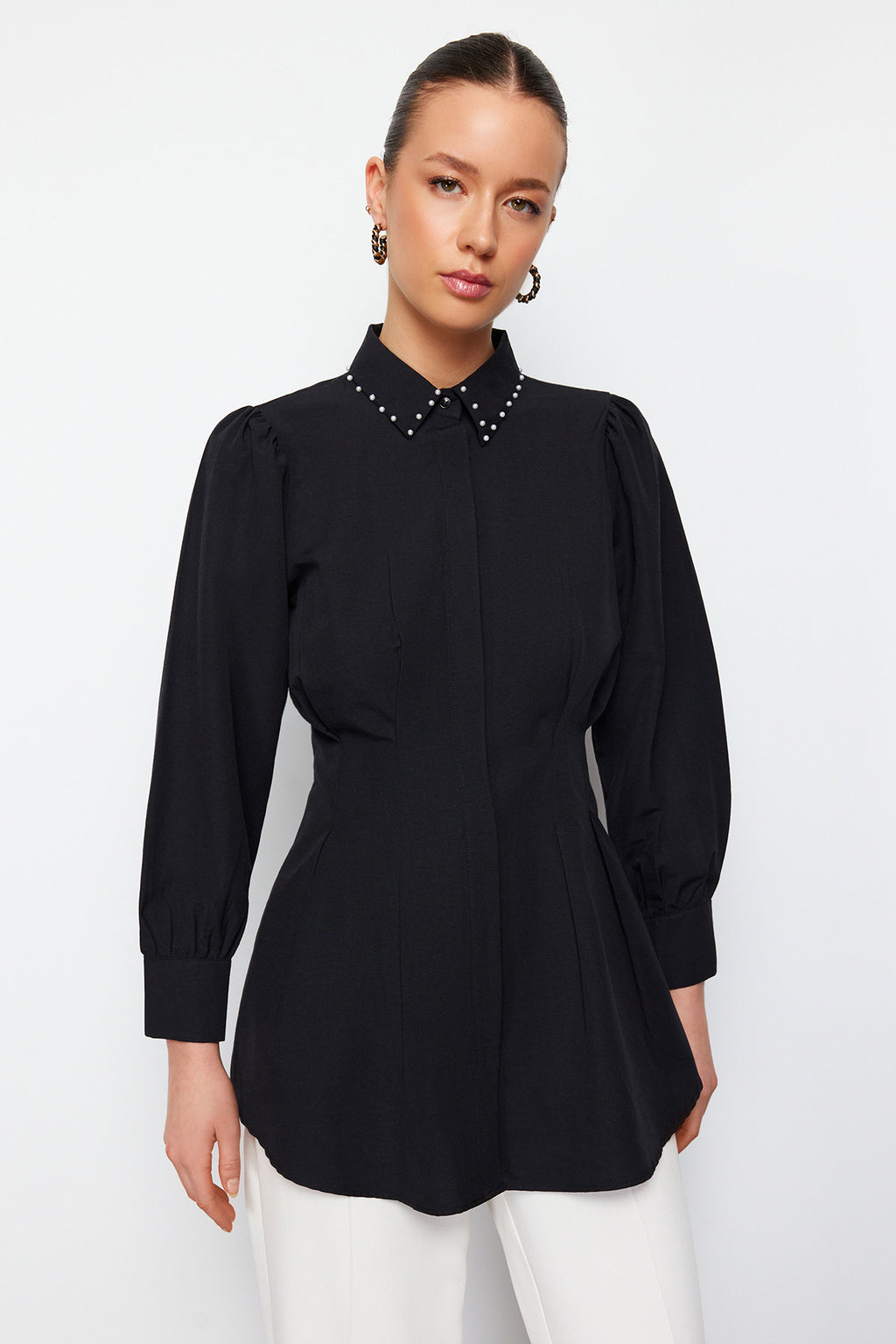 Pearl Detail Fitted Long Sleeve Shirt