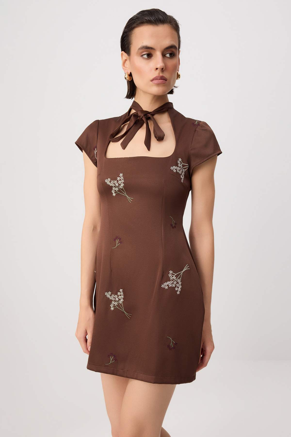 Square Neck Short Sleeve Embroidered Tie Detail A-Line Mini Dress