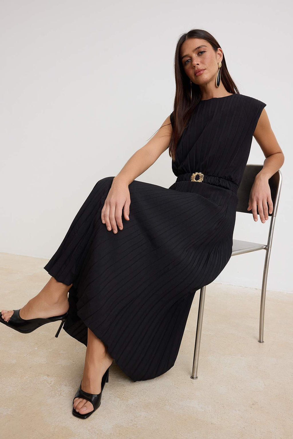 High Neck Sleeveless Pleated Belted Maxi Dress