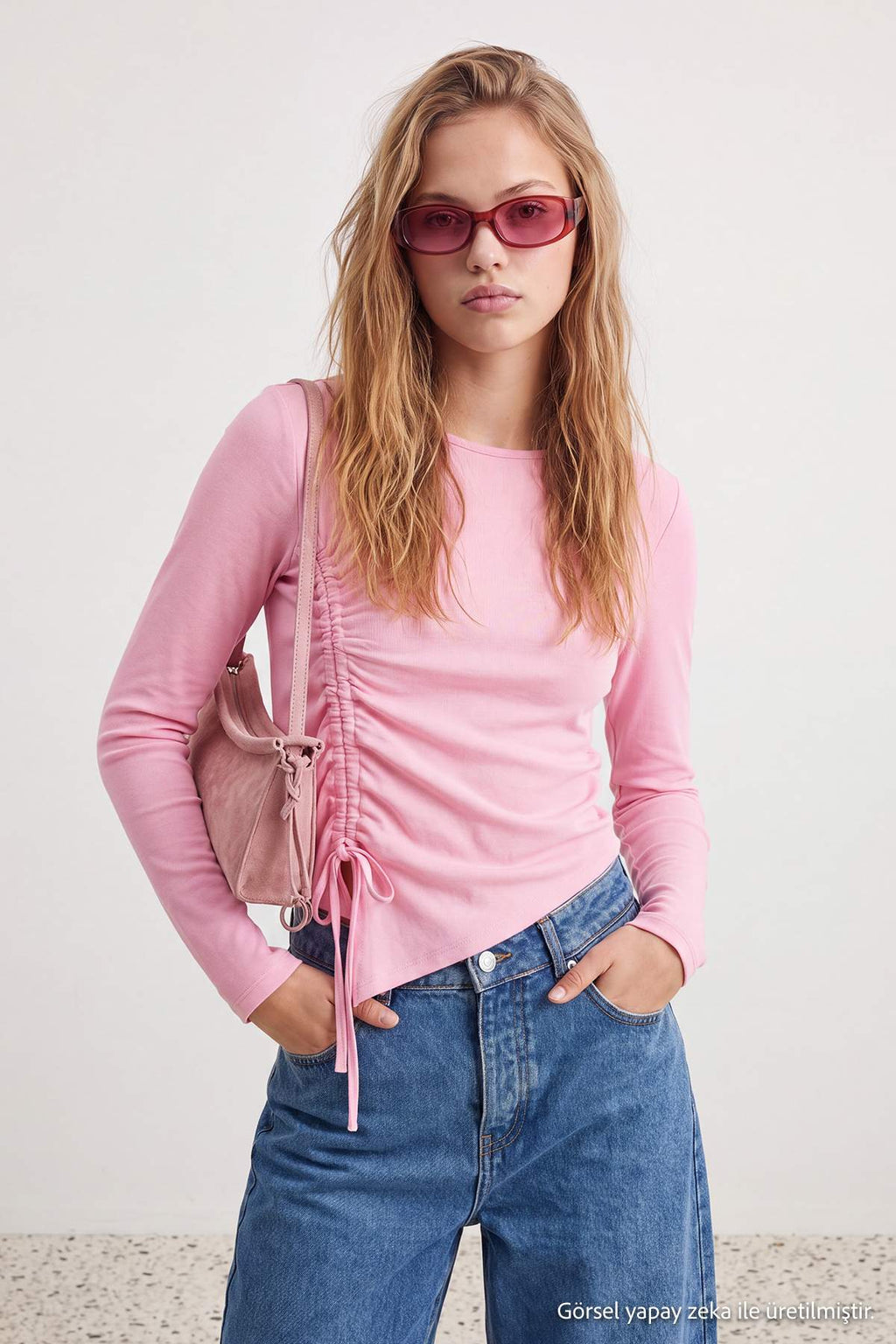 Crew Neck Gathered Crop Fitted Blouse