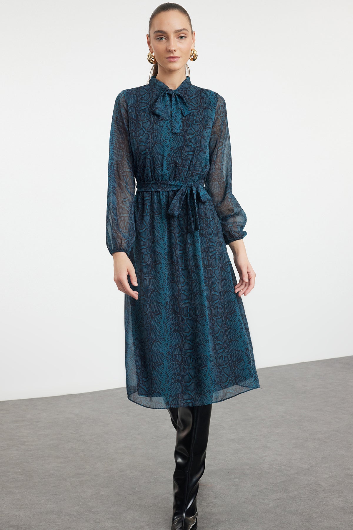 Frill Neck Long Sleeve Skater Midi Dress