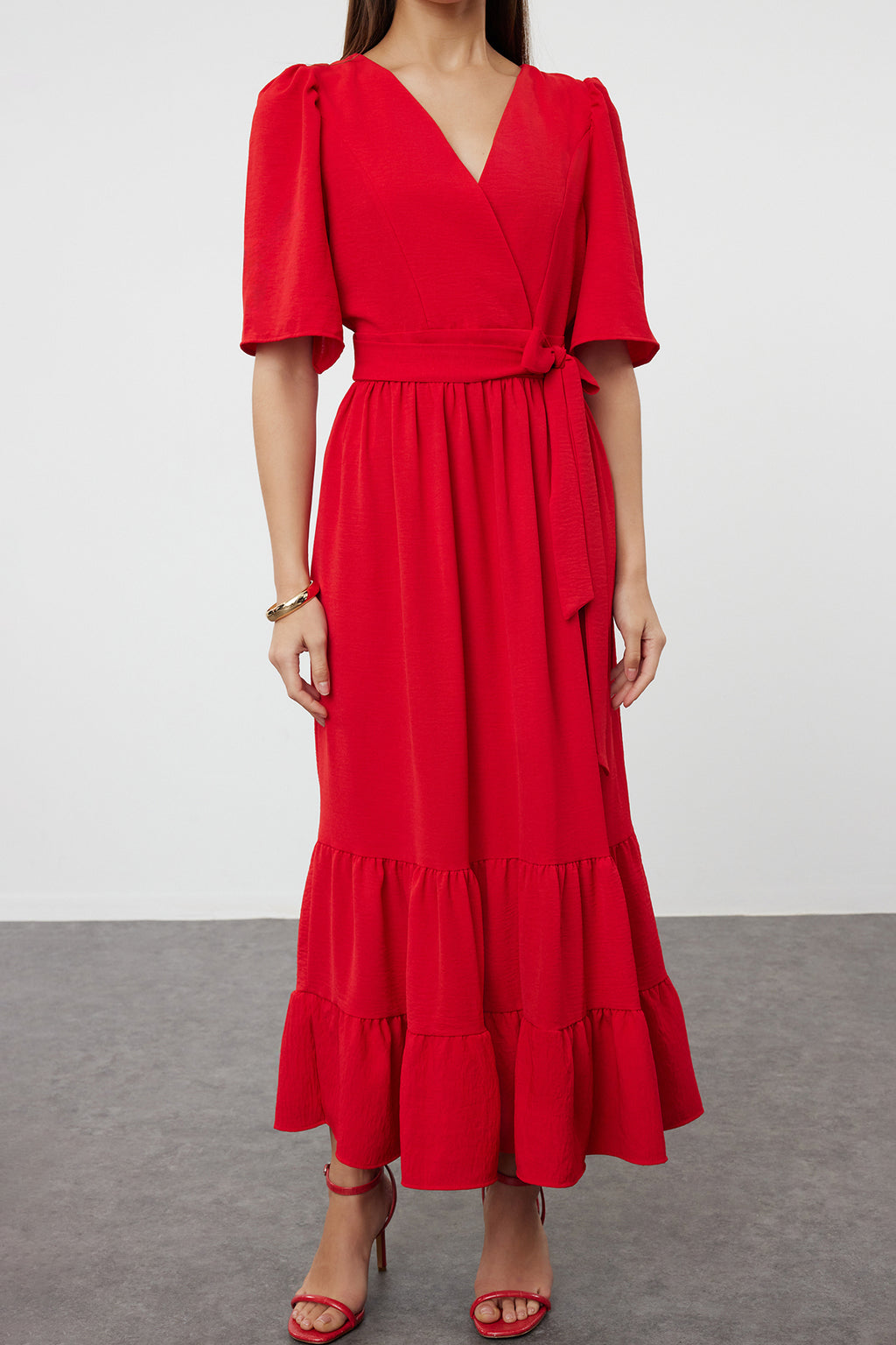 Belted Wrap Neck Back Detail Midi Dress