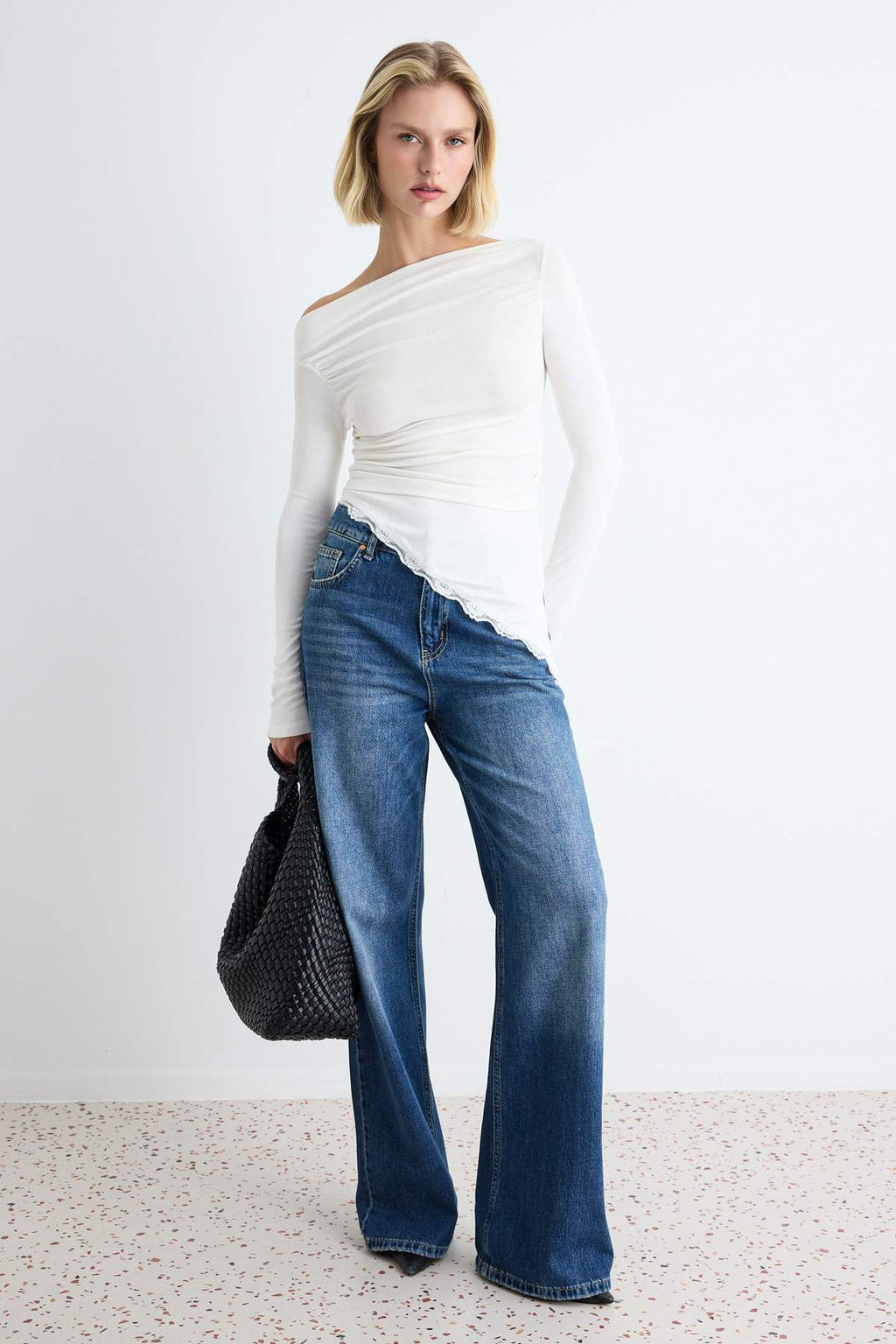 Fitted Boat Neck Long Sleeve Lace Detail Ribbed Blouse