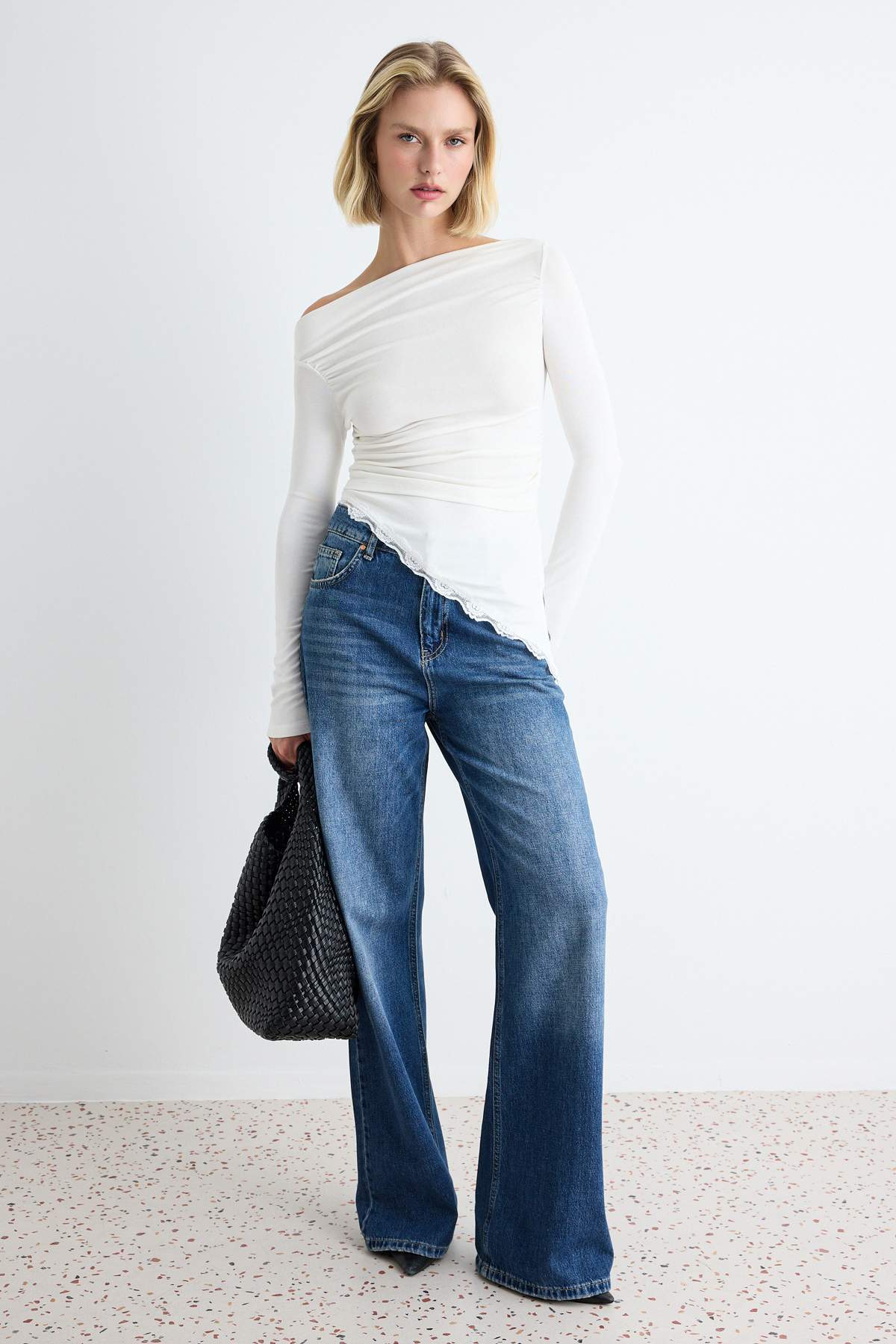 Fitted Boat Neck Long Sleeve Lace Detail Ribbed Blouse