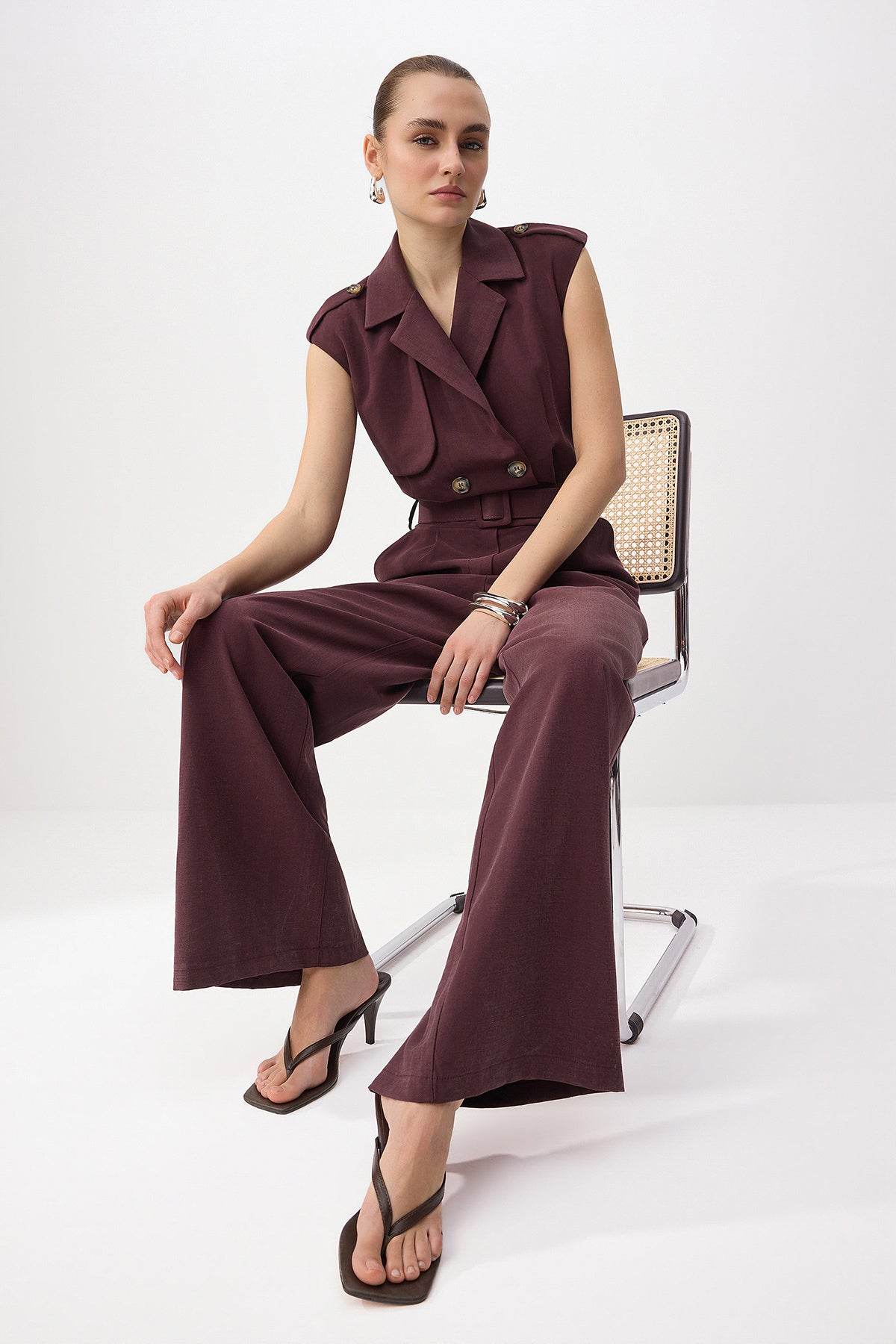 Belted Wide Leg Sleeveless Collar Jumpsuit