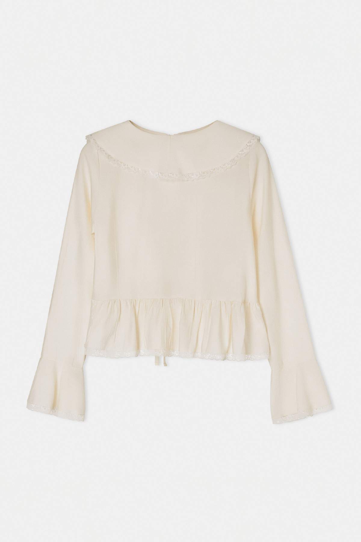 V Neck Long Sleeve Tie Front Lace Detail Blouse