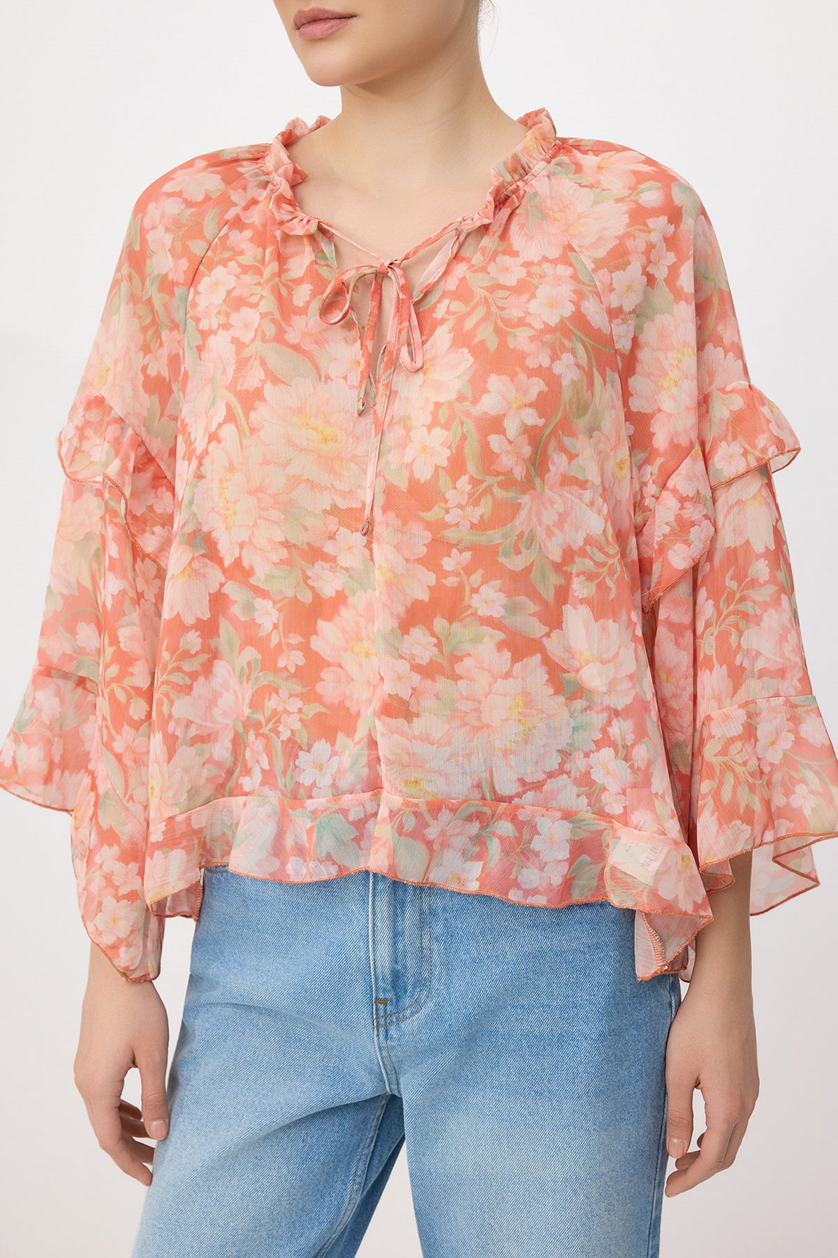 V Neck Raglan Sleeve Frill Detail Sheer Blouse