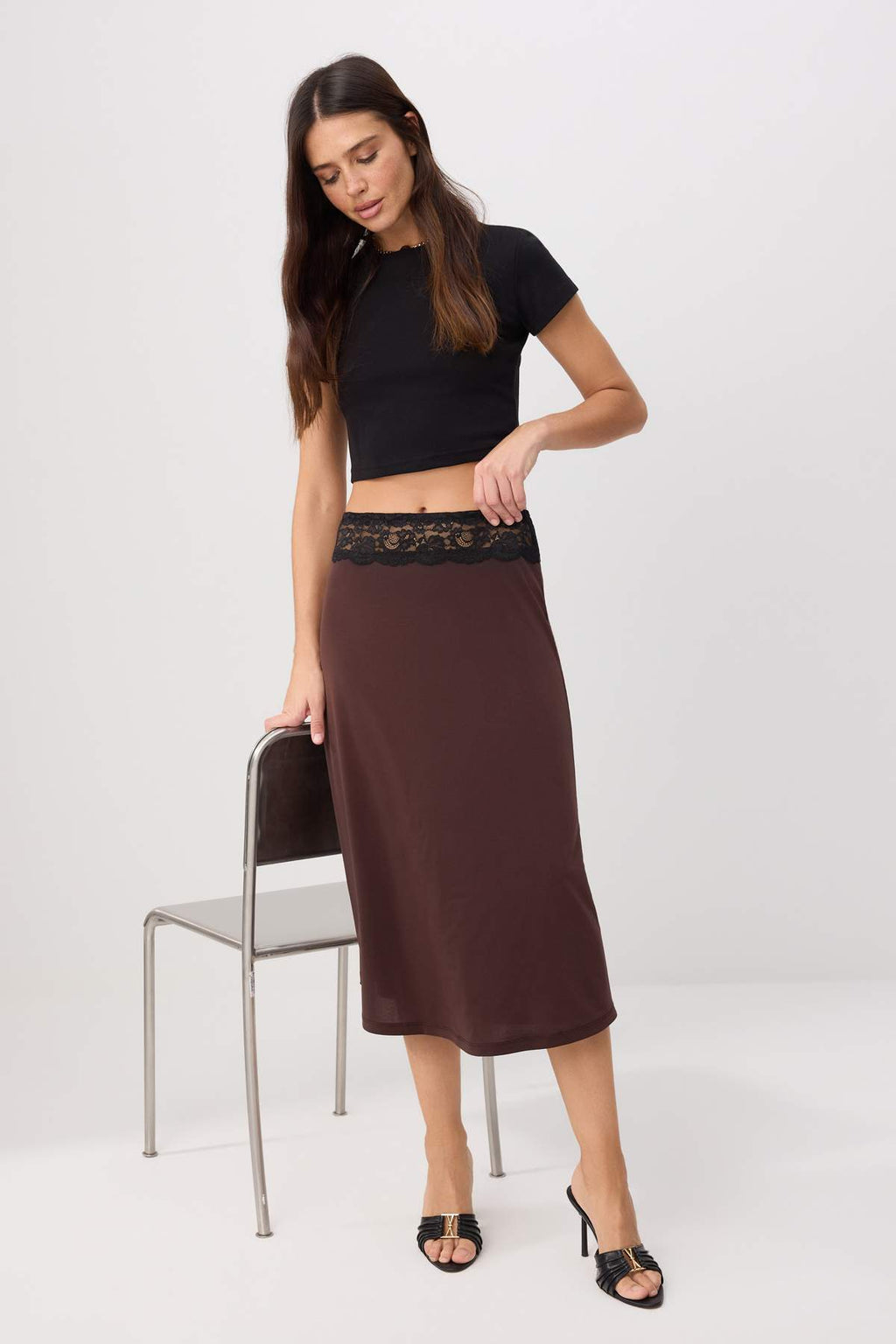 A-Line Lace Detail Midi Skirt