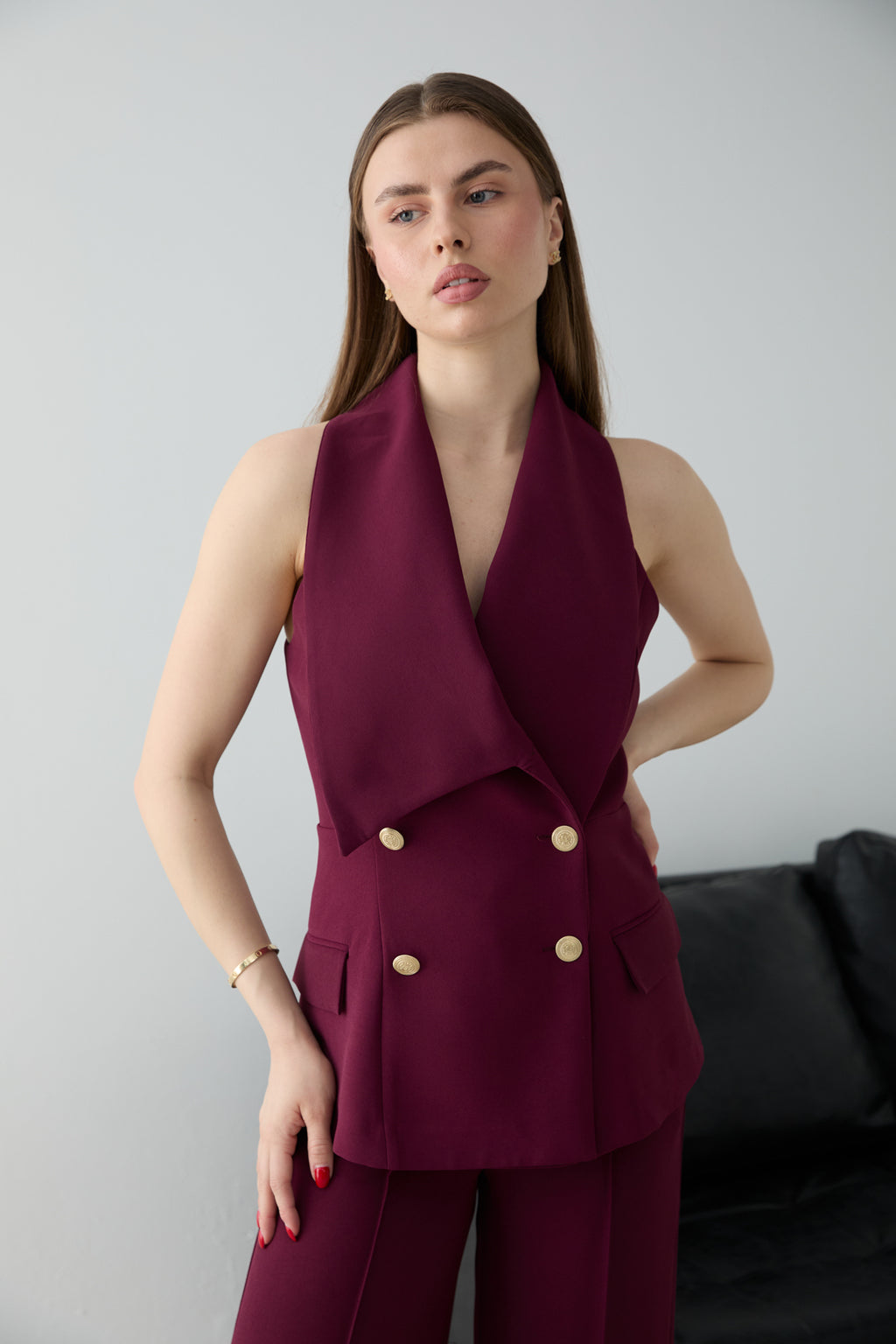 2-Piece Button Detail Sleeveless Waistcoat Wide Leg Trouser Co-ord