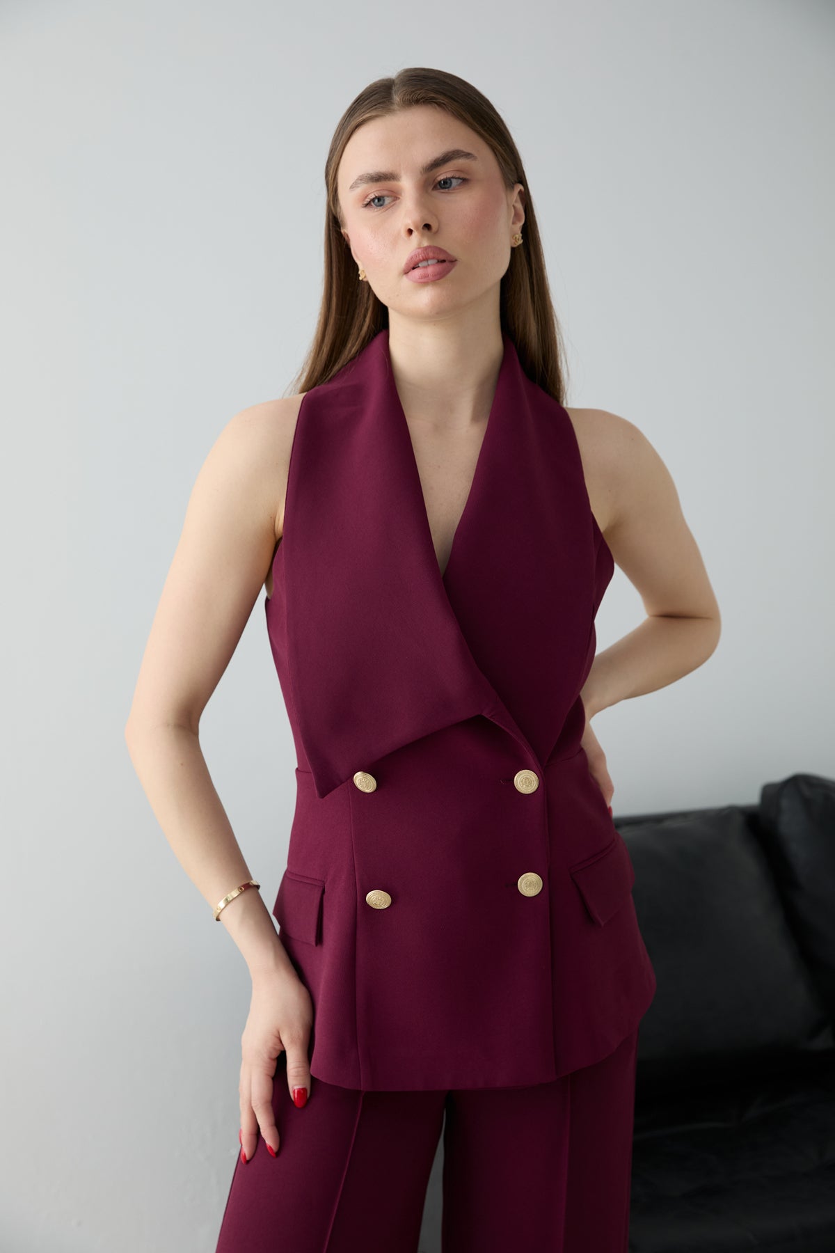 2-Piece Button Detail Sleeveless Waistcoat Wide Leg Trouser Co-ord