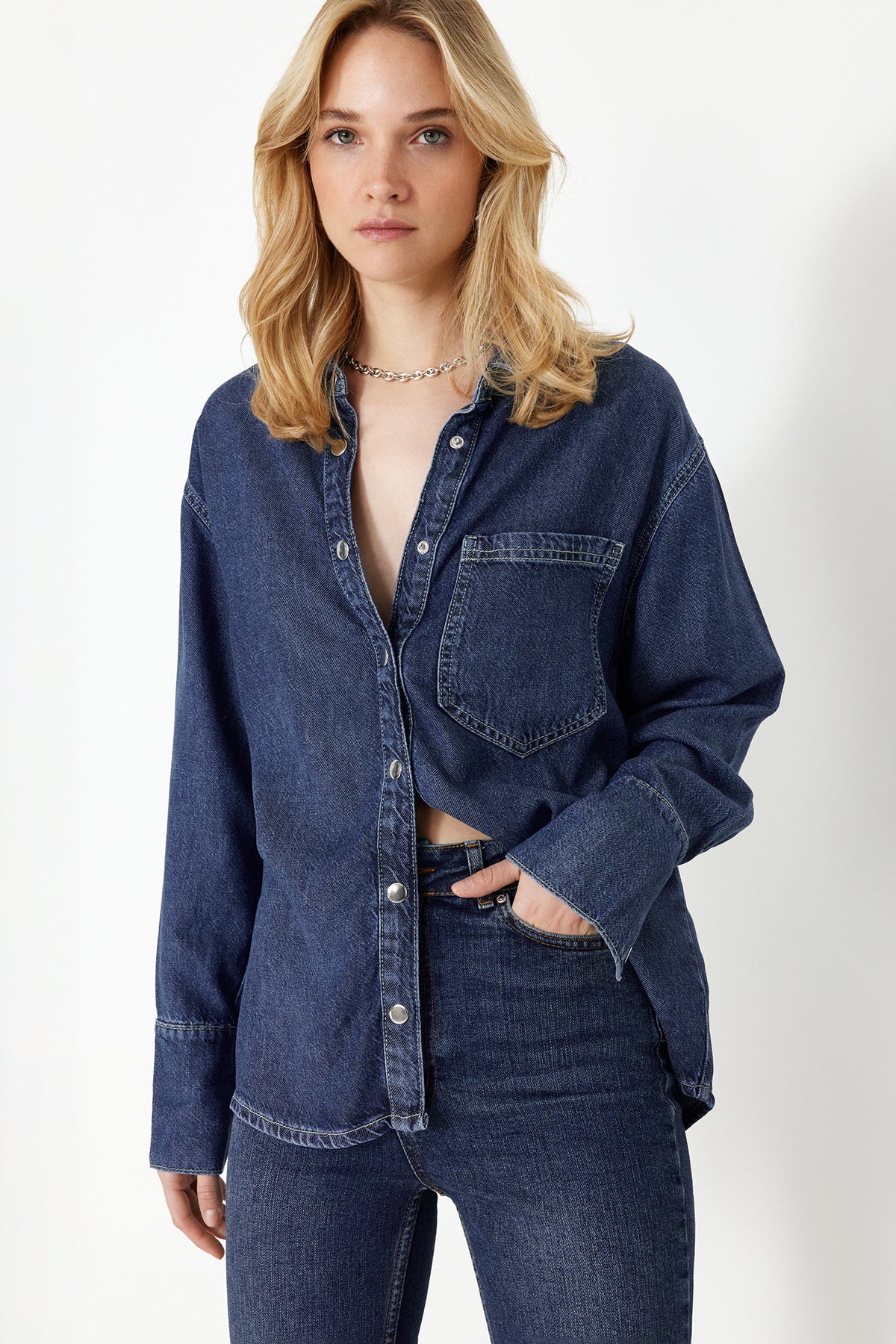 Oversize Long Sleeve Collared Denim Shirt