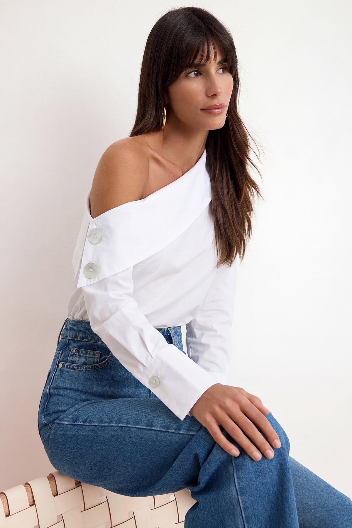 Asymmetric Neck Long Sleeve Woven Blouse