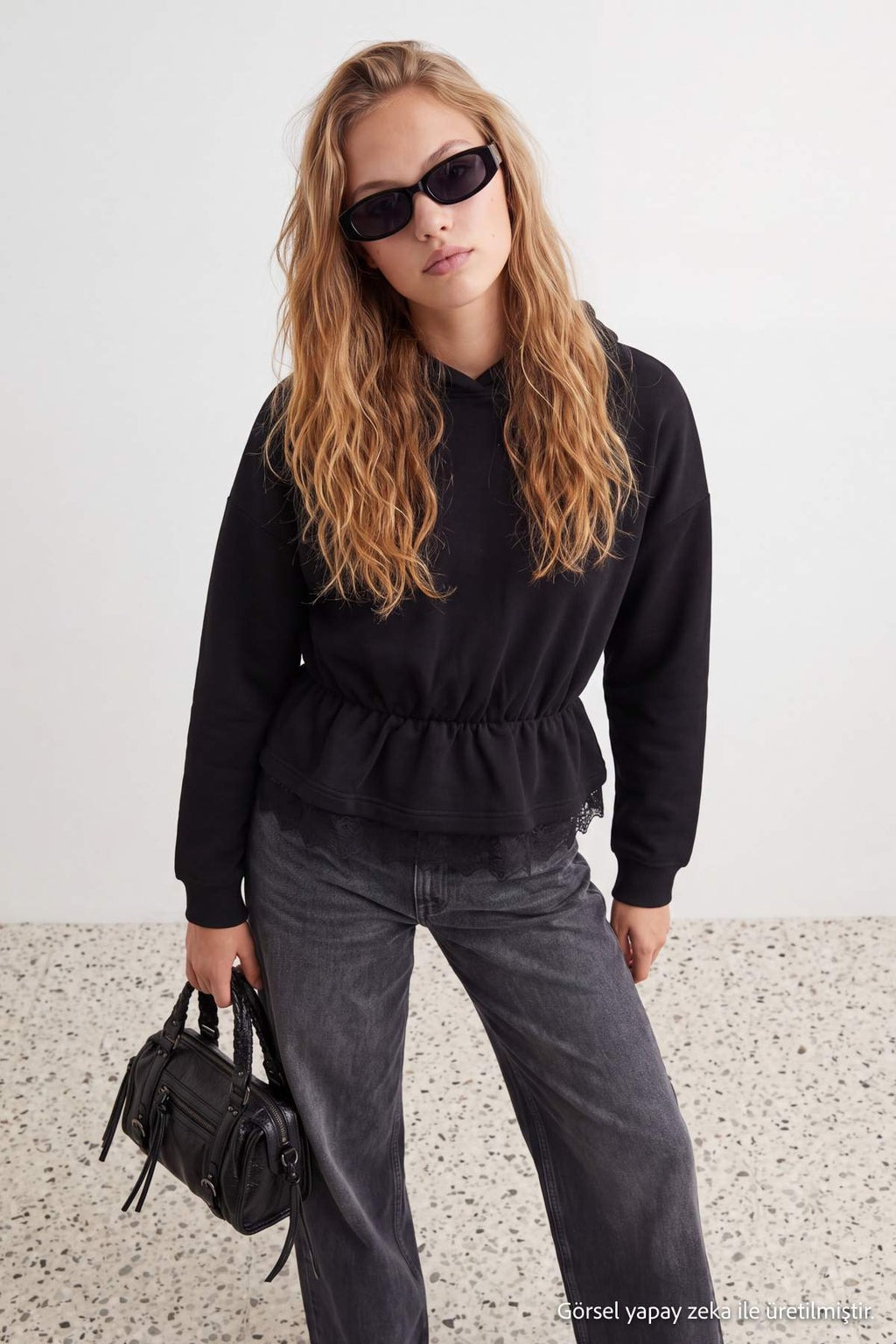 Peplum Lace Detail Hooded Long Sleeve Knit Sweatshirt