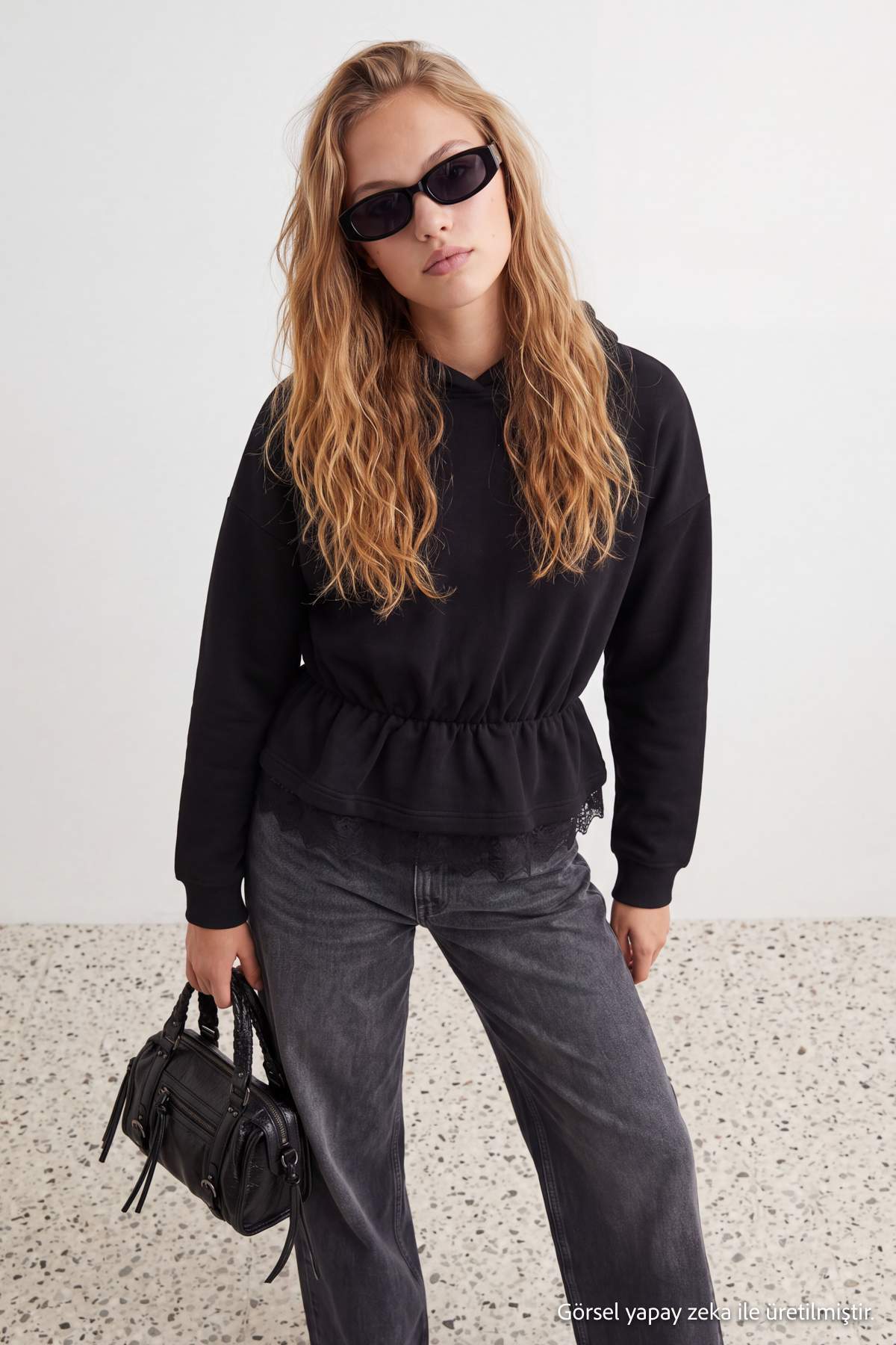 Peplum Lace Detail Hooded Long Sleeve Knit Sweatshirt