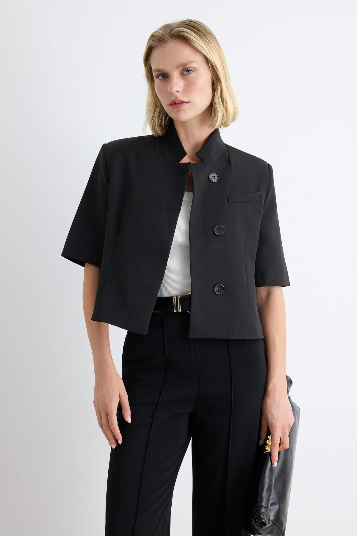 High Neck Short Sleeve Fitted Blazer Jacket