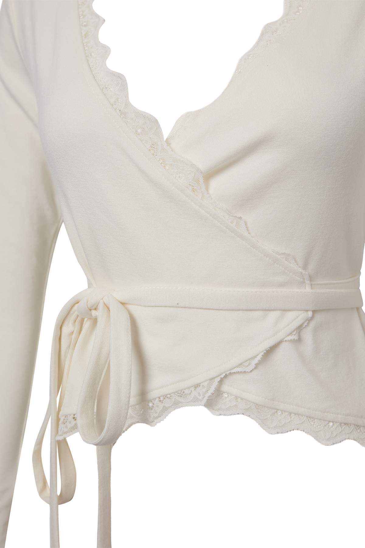 Fitted Wrap Neckline Long Sleeve Lace Detail Crop Blouse