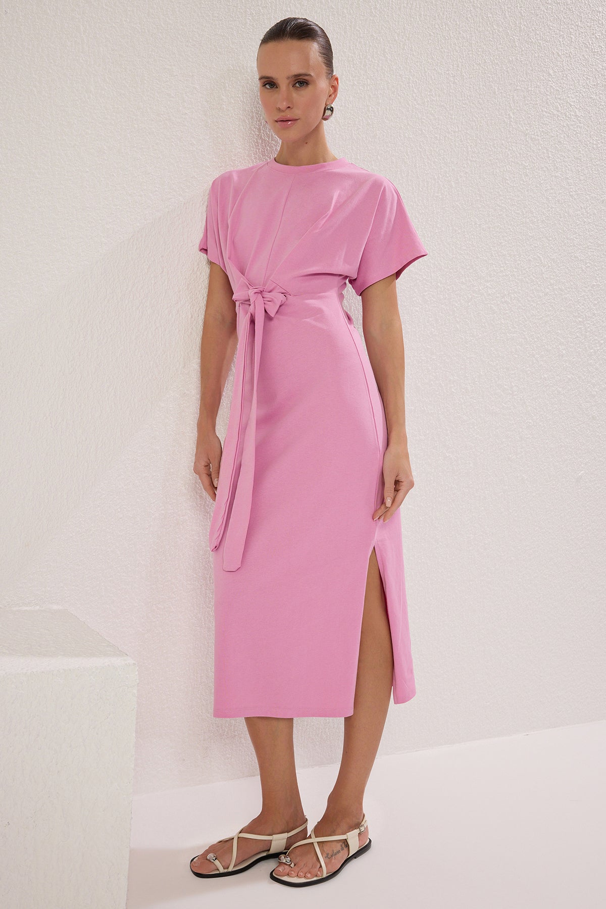 Batwing Sleeve Bodycon Midi Dress with Tie Waist Detail