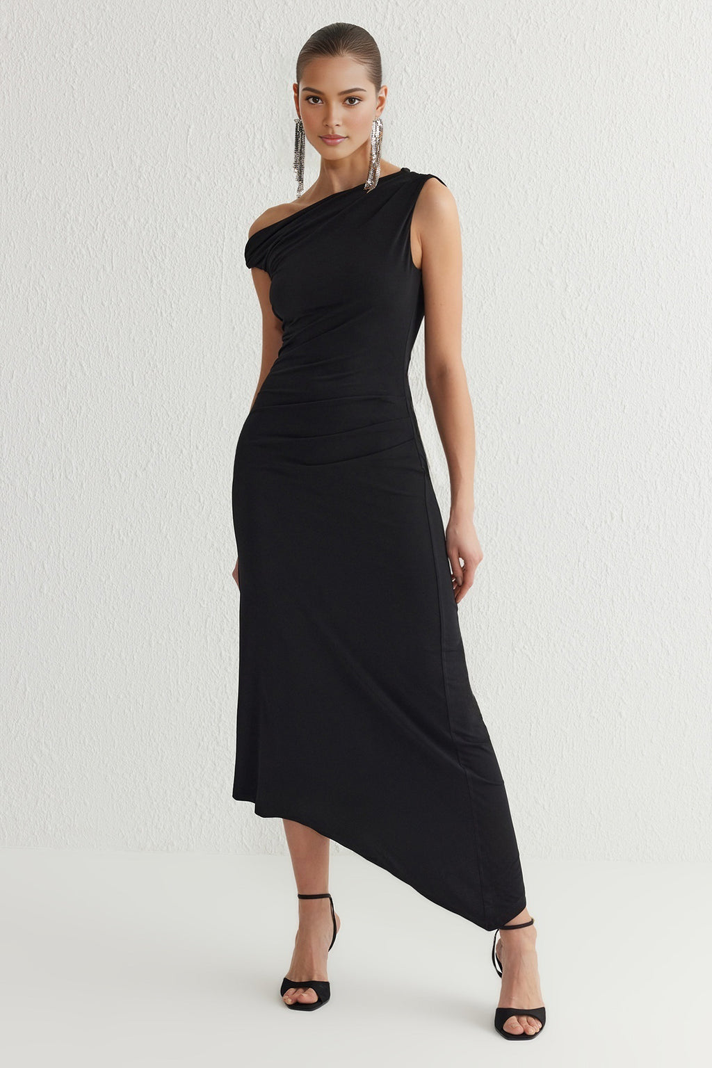 Asymmetric Neck Knit Maxi Evening Dress