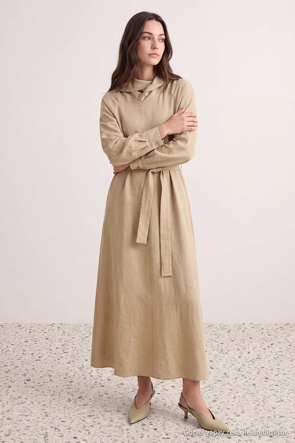 Shawl Neck Long Sleeve Shift Maxi Dress